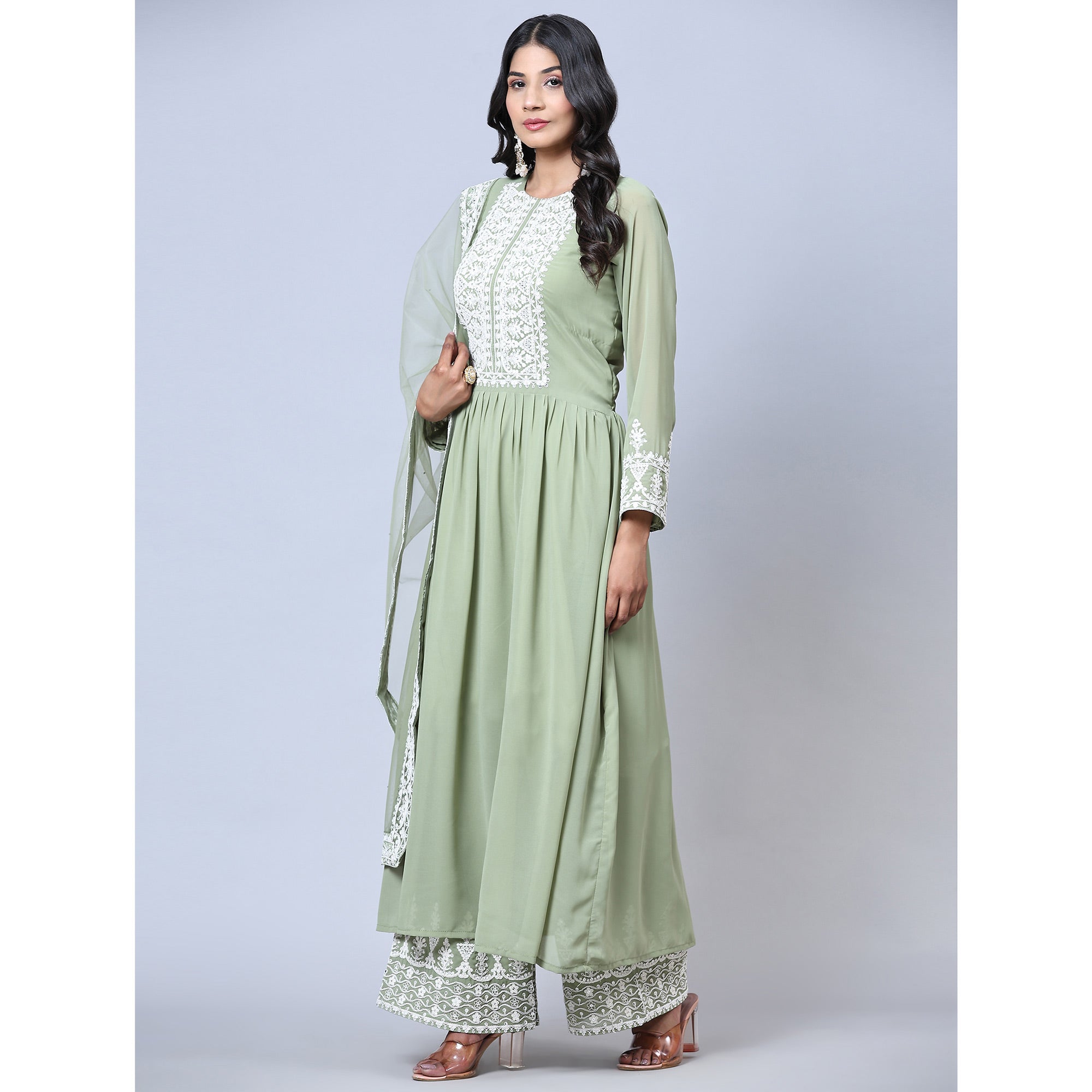 Green Partywear Embroidered Faux Georgette Palazzo Suit