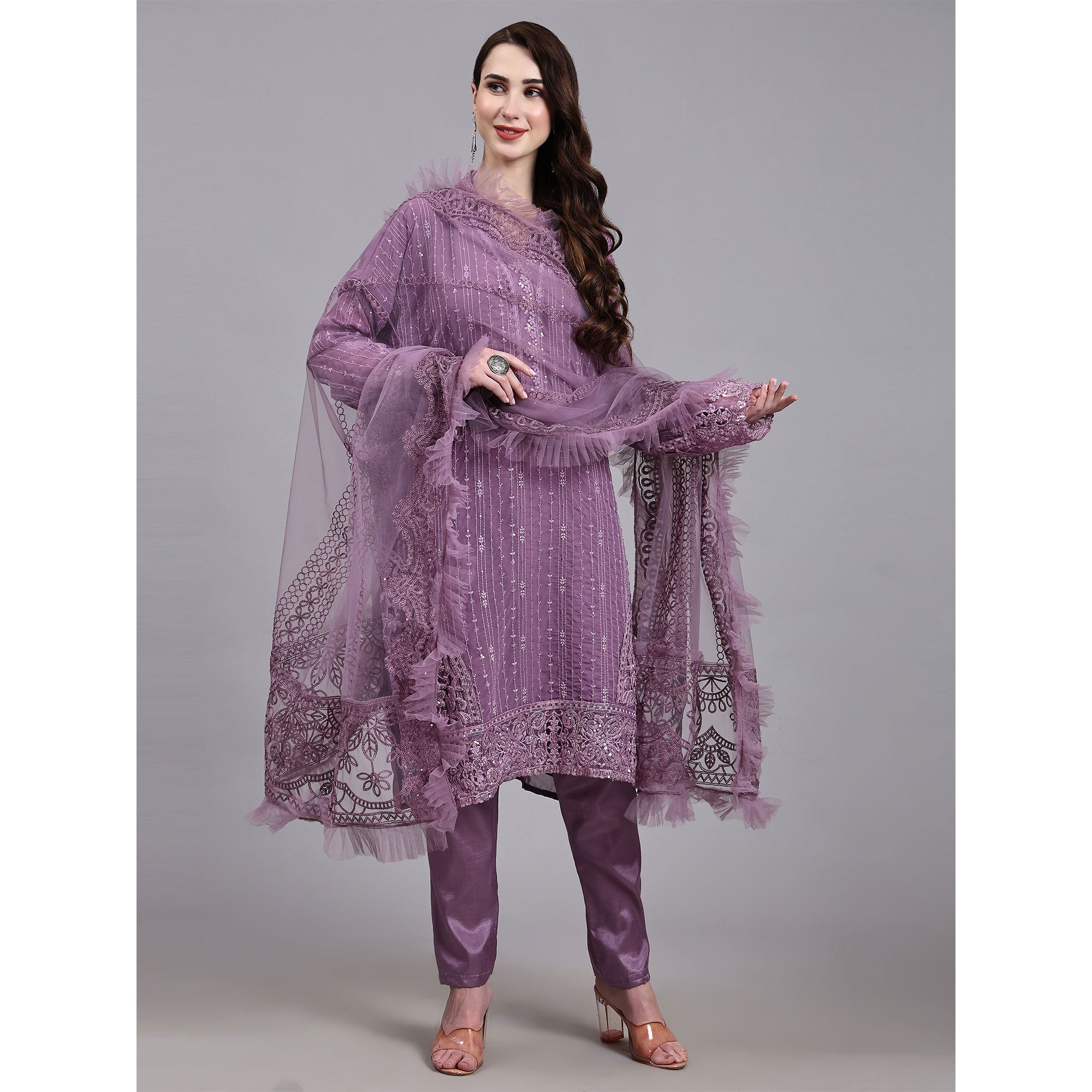 Light Purple Embellished With Embroidered Georgette Pakistani Suit