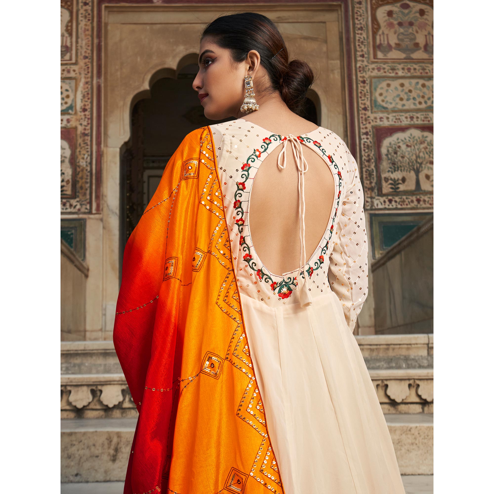 Cream Sequins Embroidered Georgette Gown With Dupatta