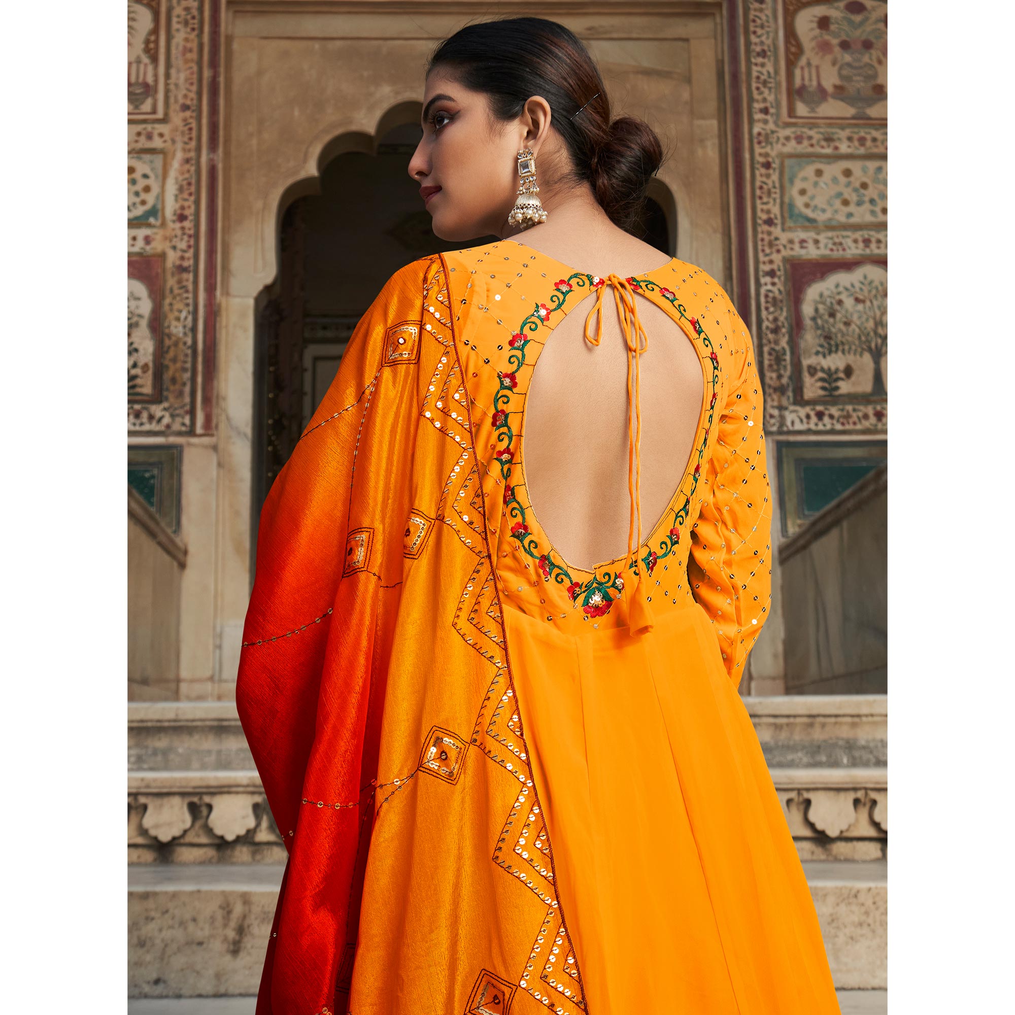 Mustard Sequins Embroidered Georgette Gown With Dupatta