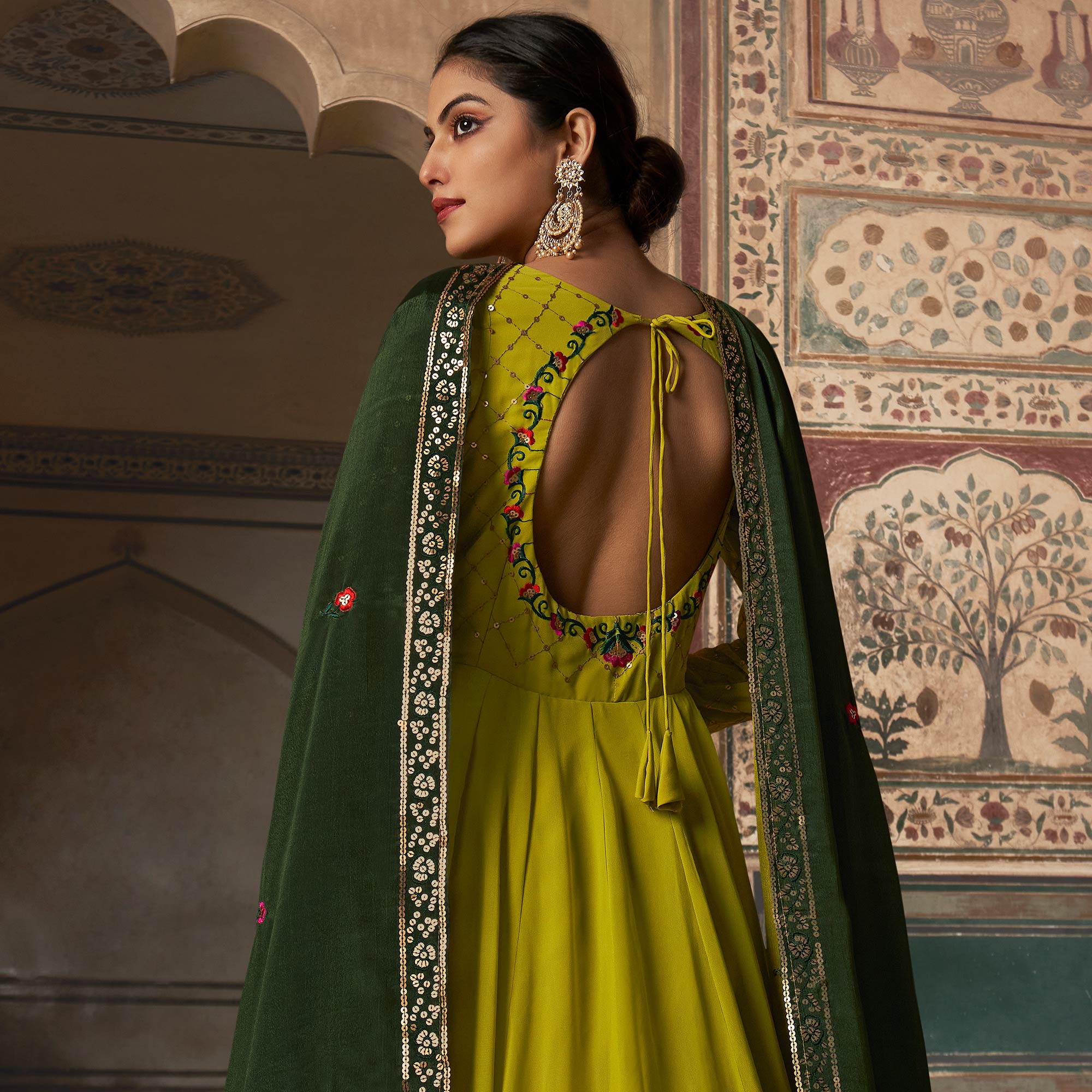 Lime Green Sequins Embroidered Georgette Gown With Dupatta