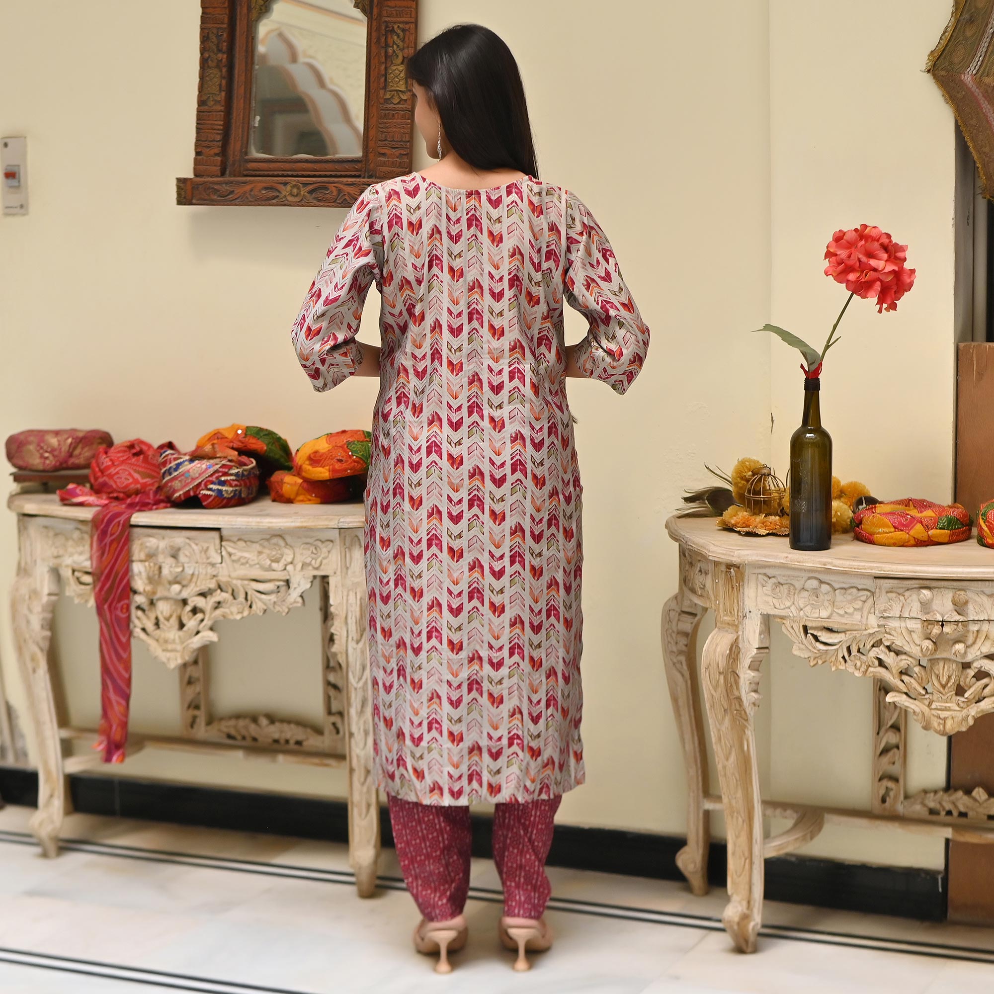 Off White & Maroon Printed Chanderi Salwar Suit