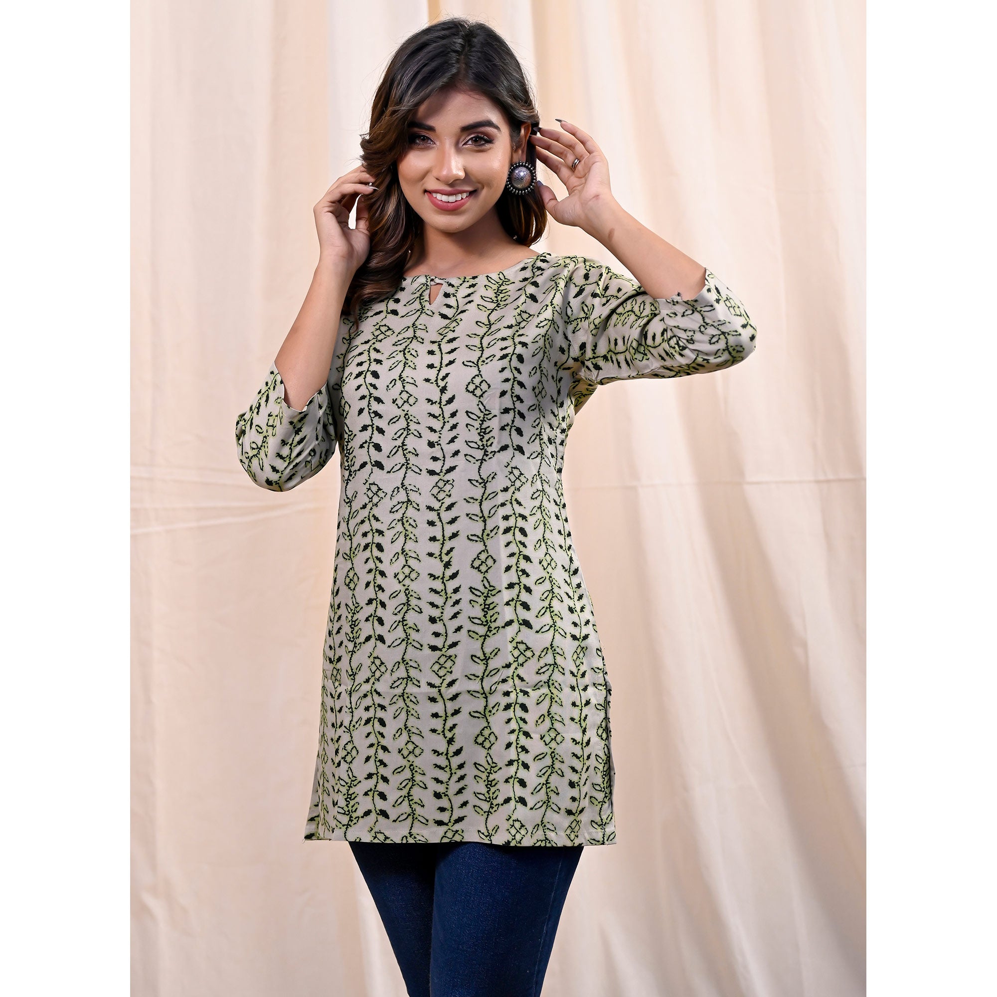 Green Floral Printed Rayon Top