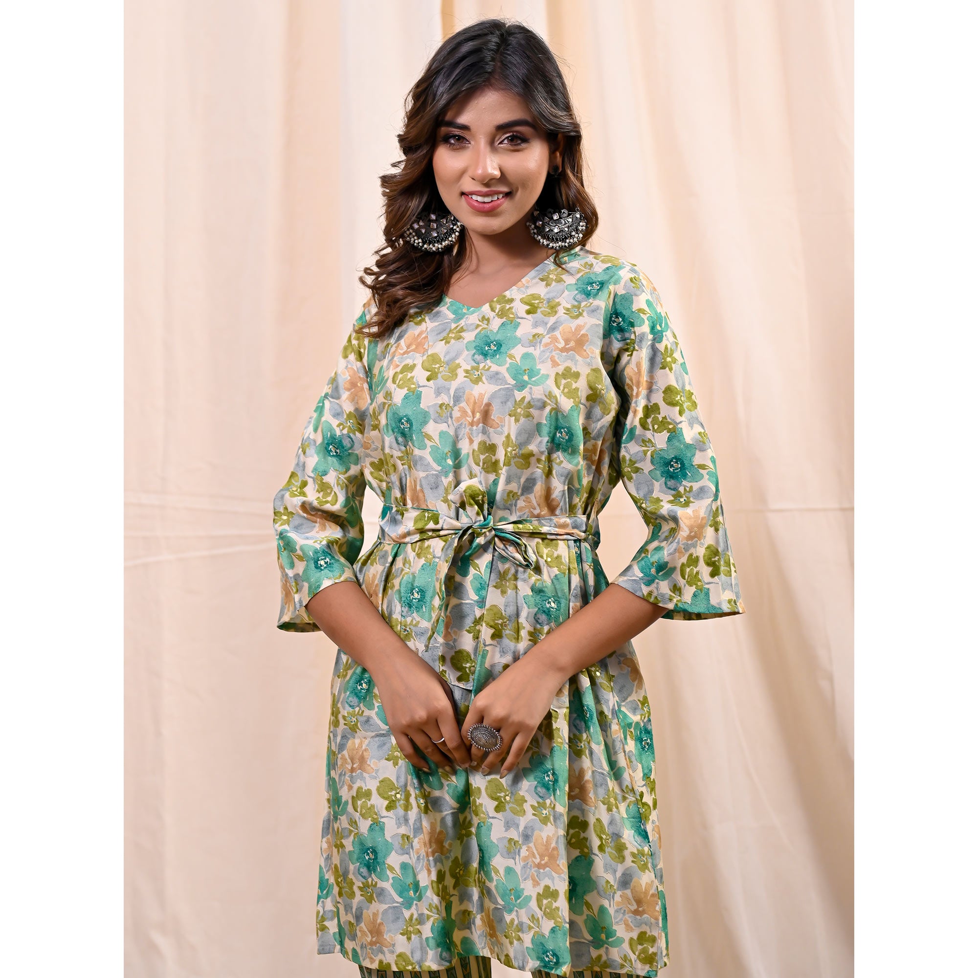 Green Floral Foil Printed Chanderi Top Bottom Set With Belt