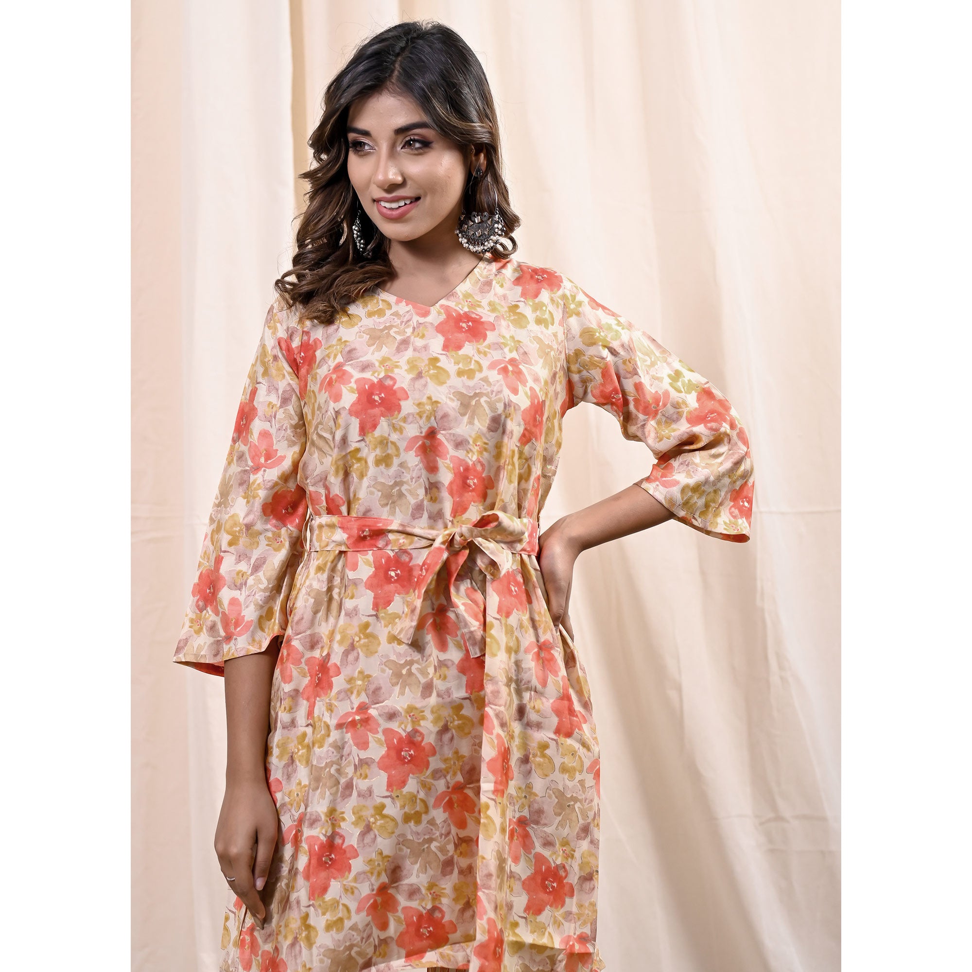 Peach Floral Foil Printed Chanderi Top Bottom Set With Belt