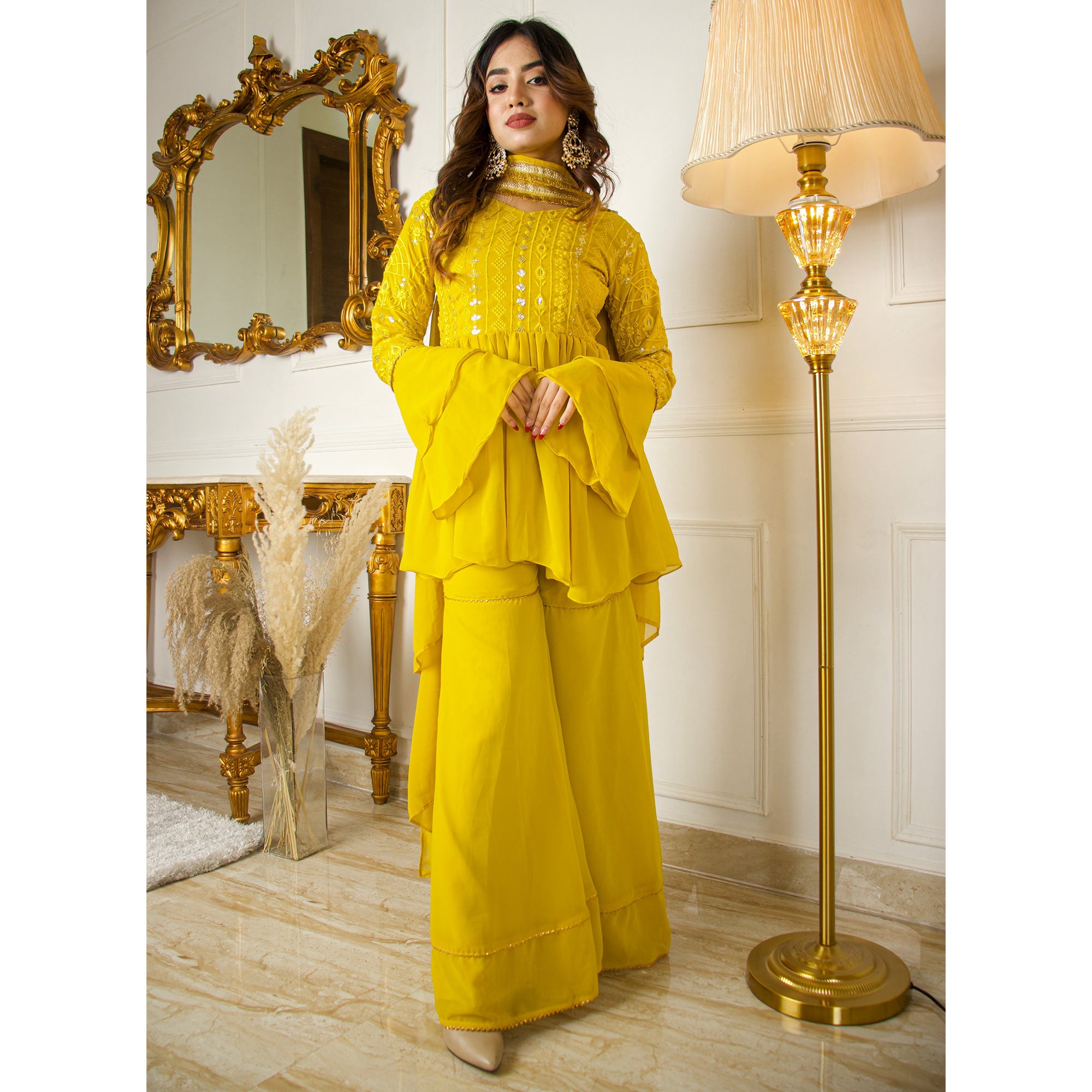 Lemon Yellow Sequins Embroidered Georgette Sharara Suit