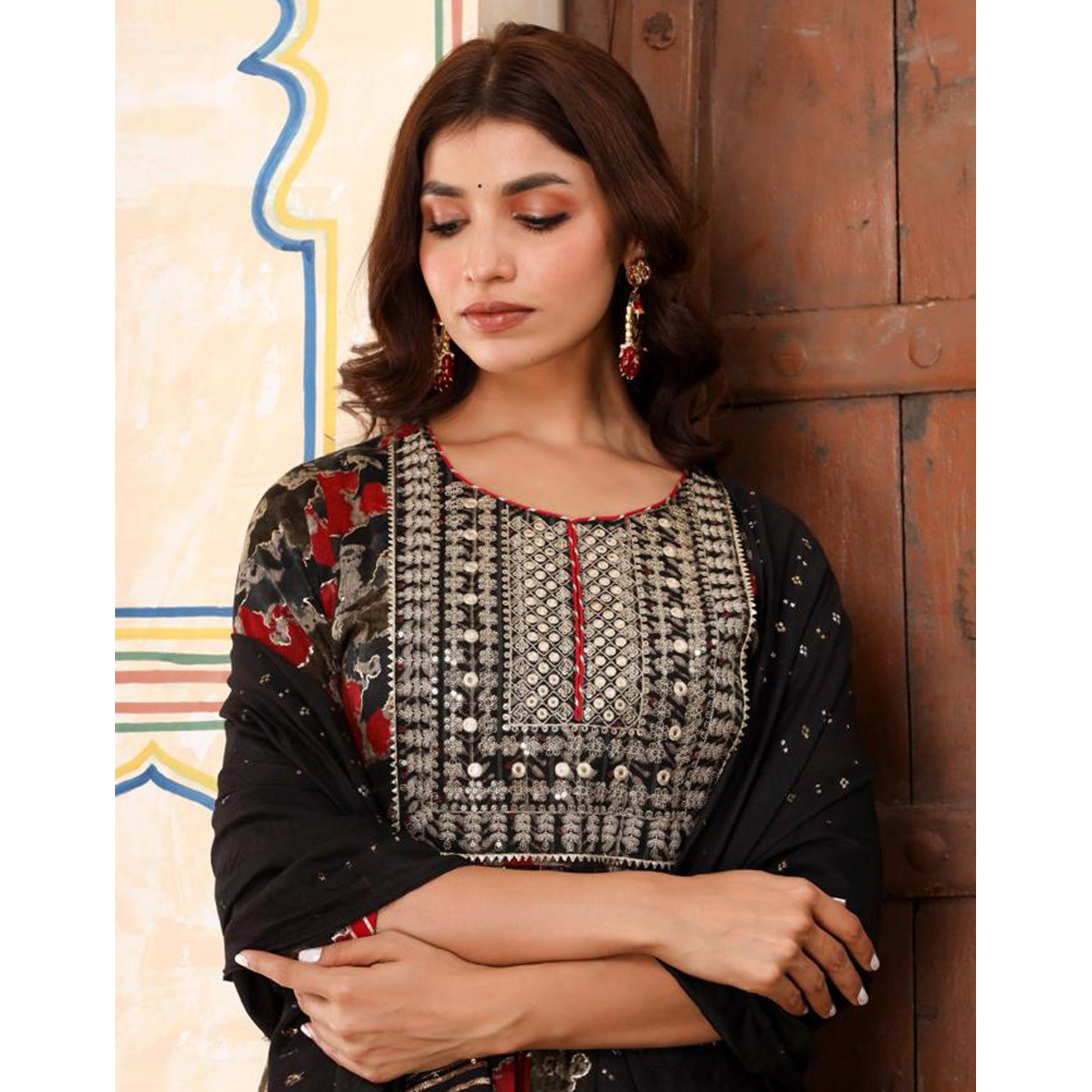 Black Printed & Embroidered Rayon Naira Cut Suit