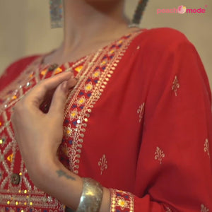 Red Printed With Embroidered Rayon Gown