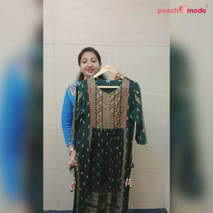 Green Printed With Embroidered Rayon Naira Cut Kurti