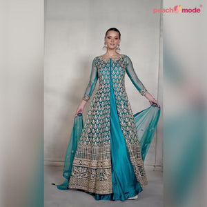 Green Floral Embroidered Net Anarkali Style Gown