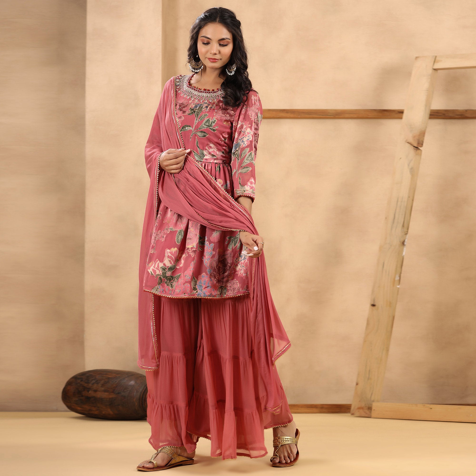 Mauve Floral Printed Georgette Sharara Suit