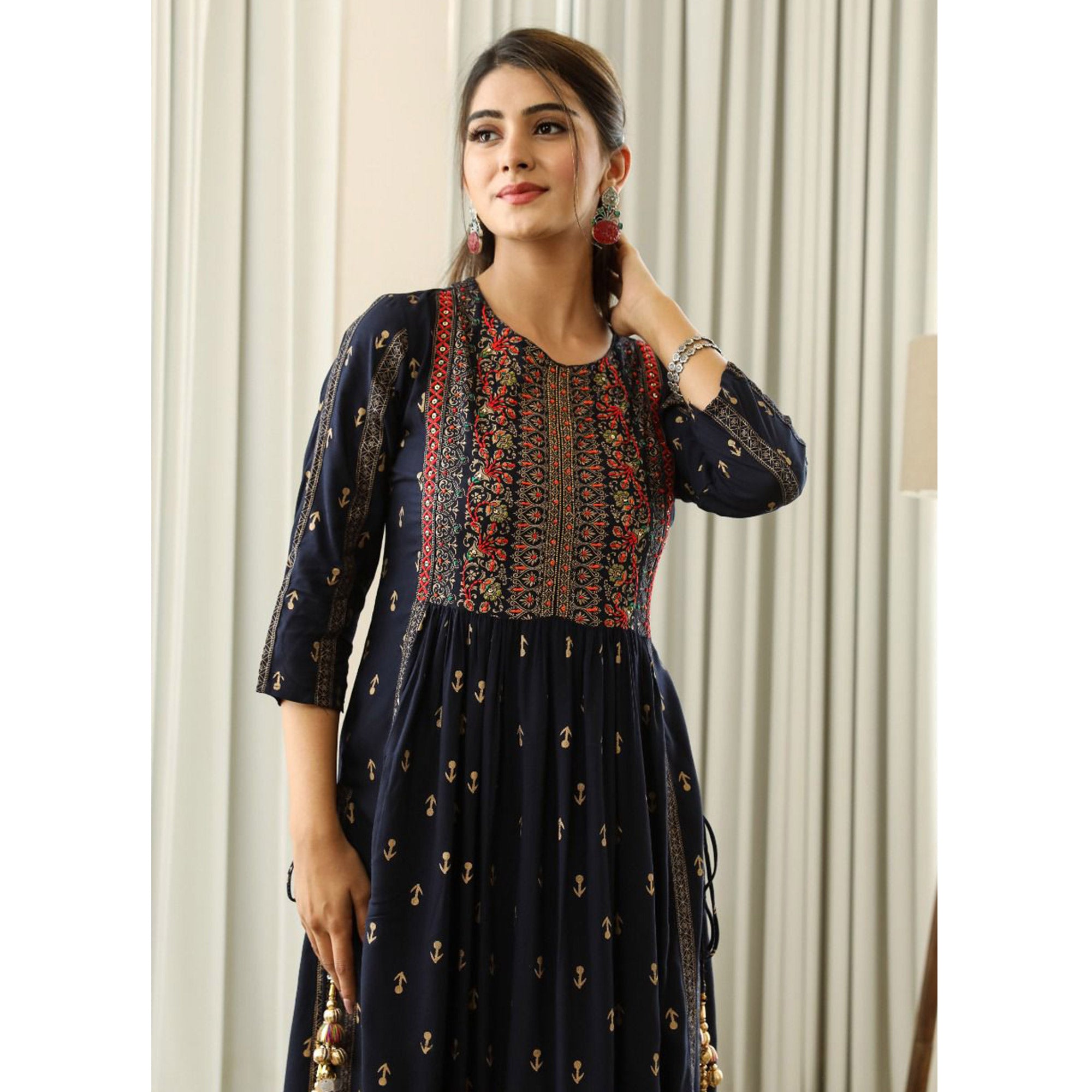 Black Printed With Embroidered Rayon Nair Cut Kurti
