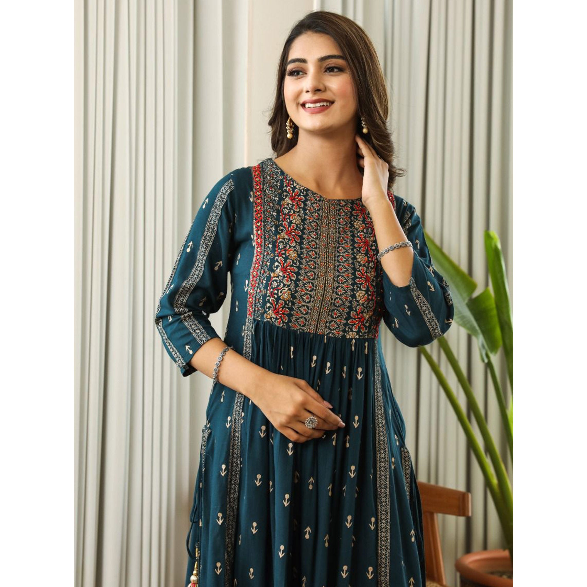 Rama Green Printed With Embroidered Rayon Naira Cut Kurti