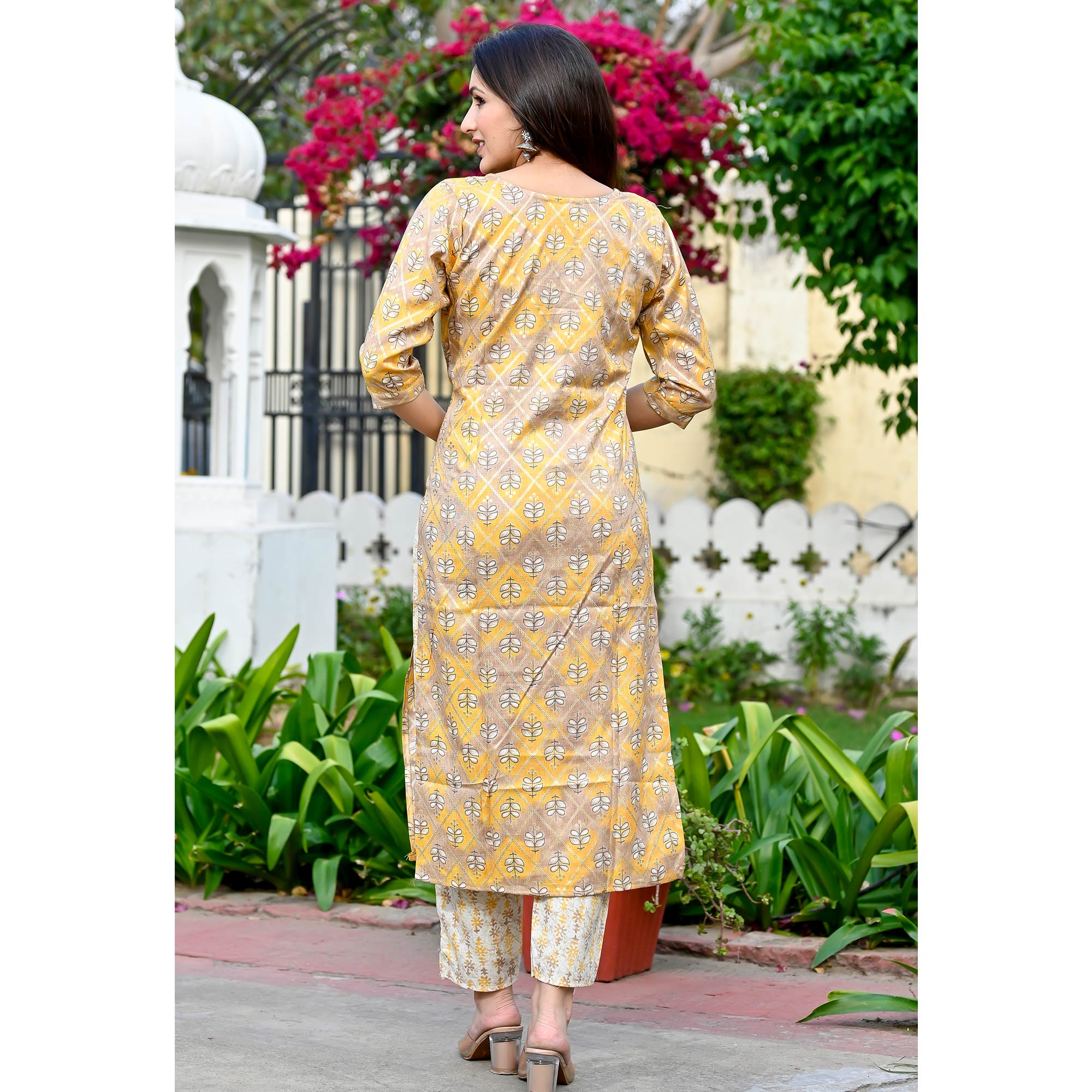 Yellow Floral Foil Printed Rayon Suit
