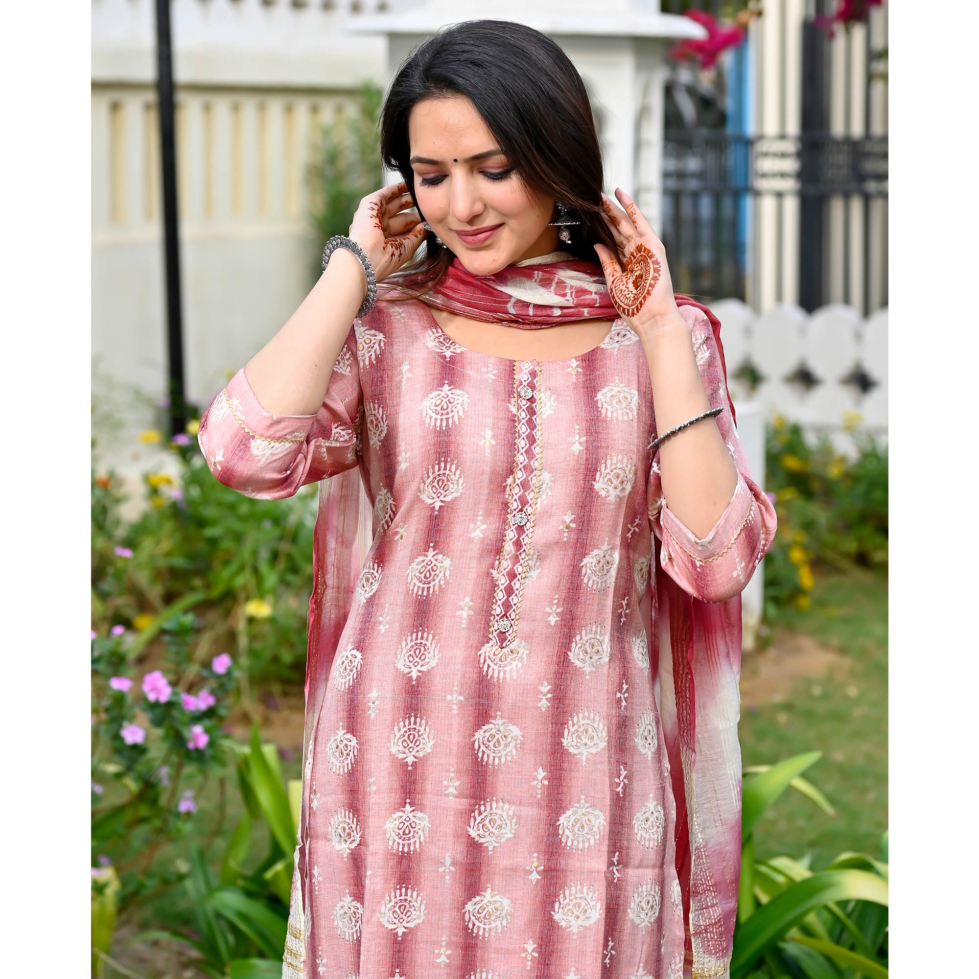 Peach Floral Foil Printed Rayon Suit