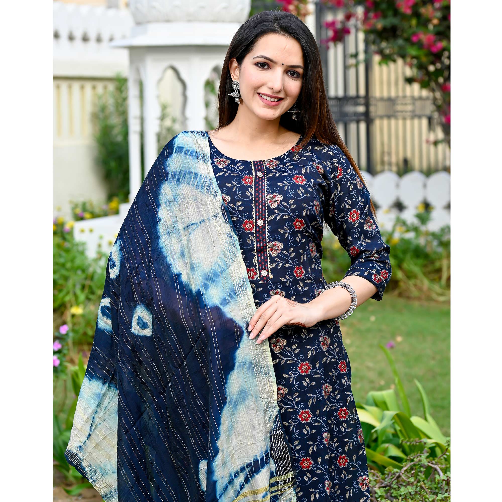 Navy Blue Floral Foil Printed Rayon Suit