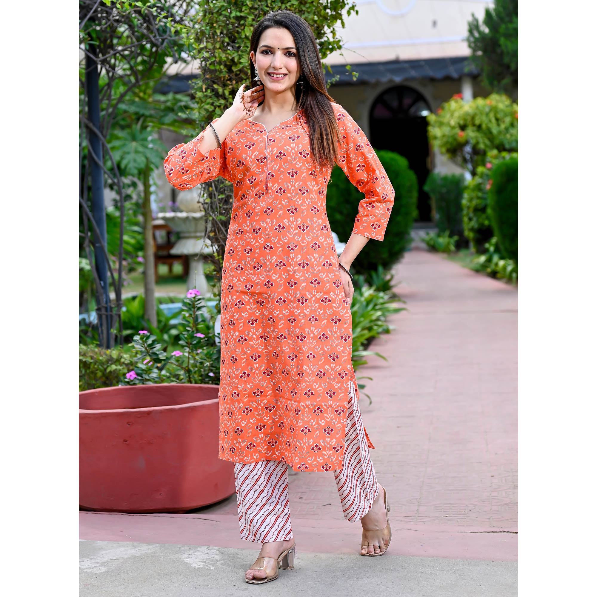 Orange Floral Printed Pure Cotton Salwar Suit