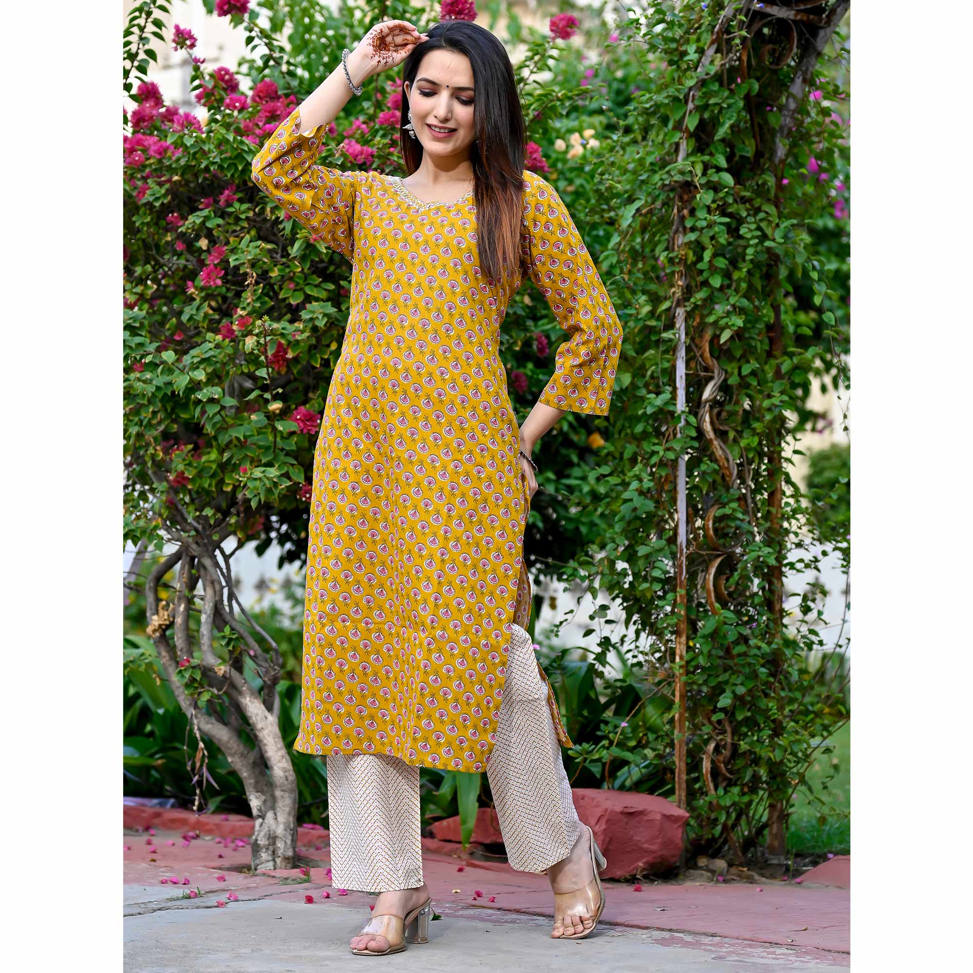 Mustard Floral Printed Pure Cotton Salwar Suit