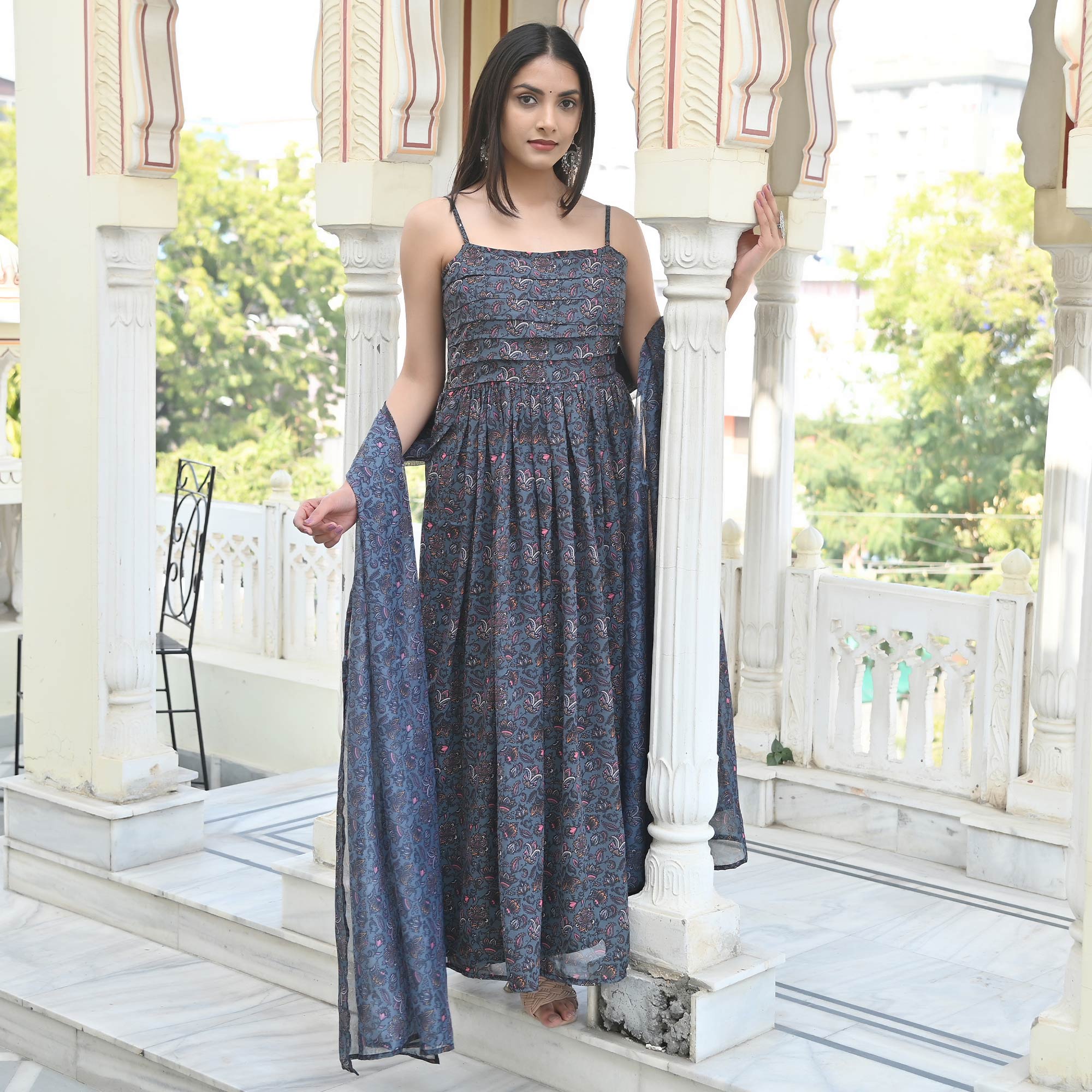 Grey Floral Digital Printed Georgette Gown