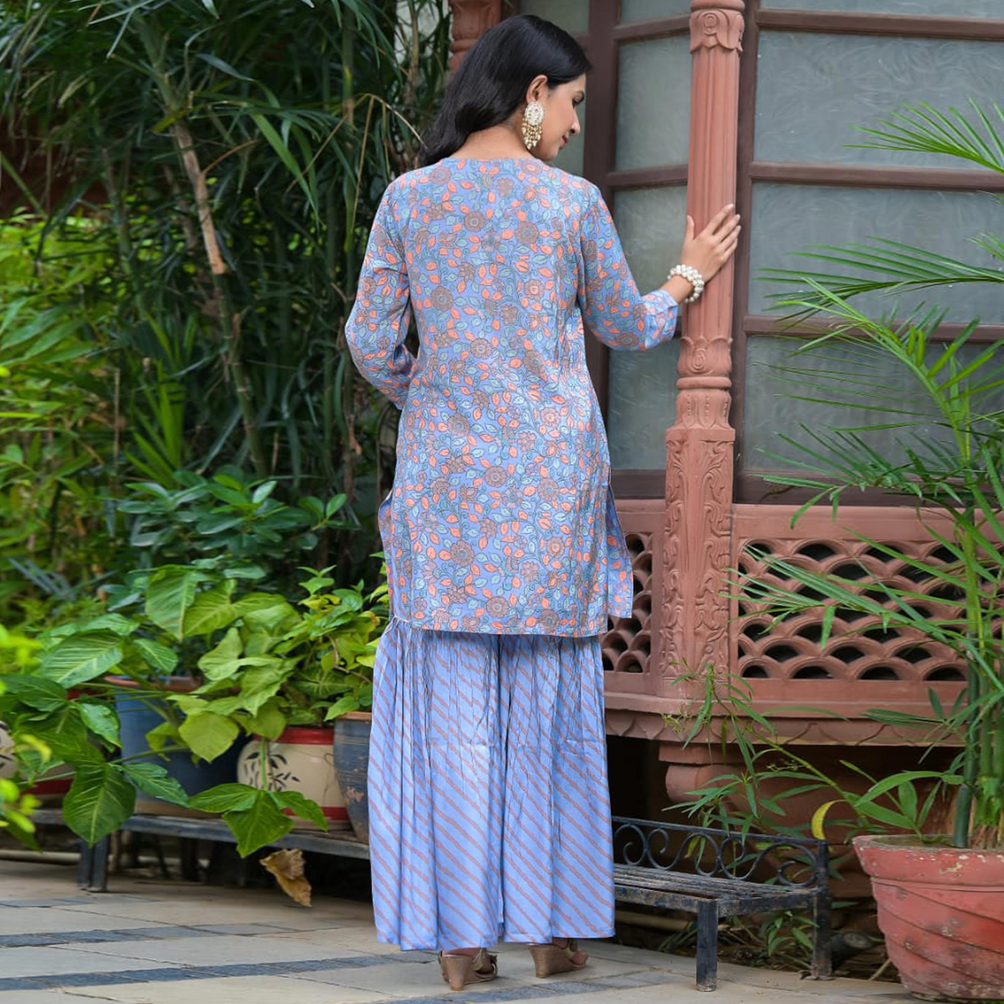 Blue Floral Printed Muslin Sharara Suit