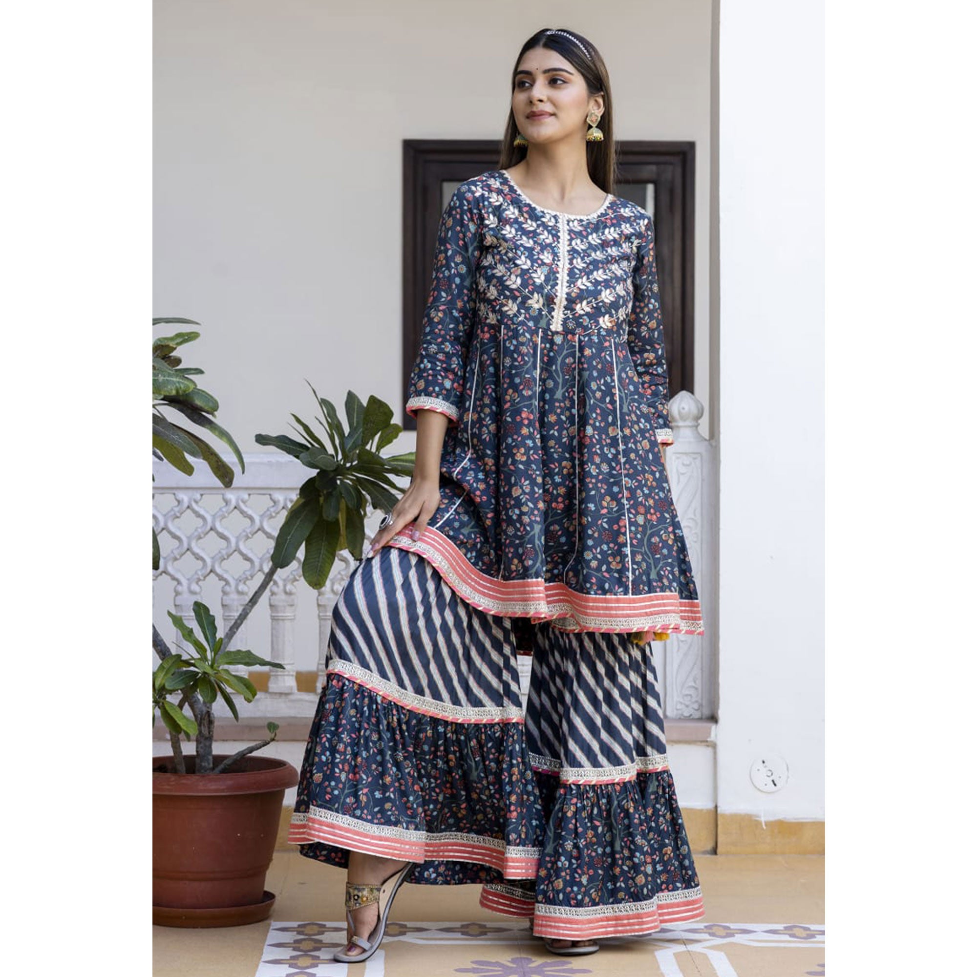 Blue Floral Printed With Gota Work Muslin Sharara Suit