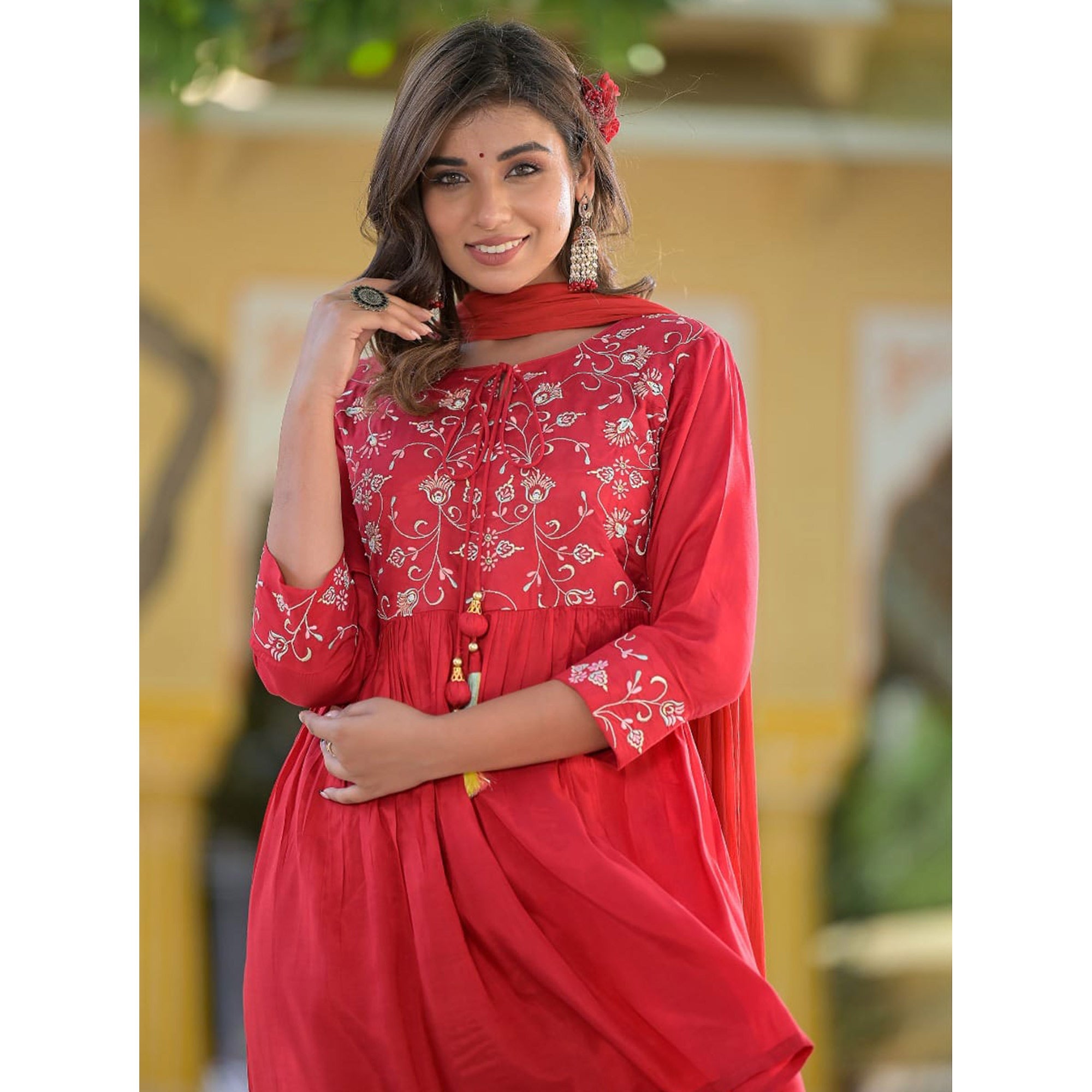 Red Floral Embroidered Muslin Sharara Suit