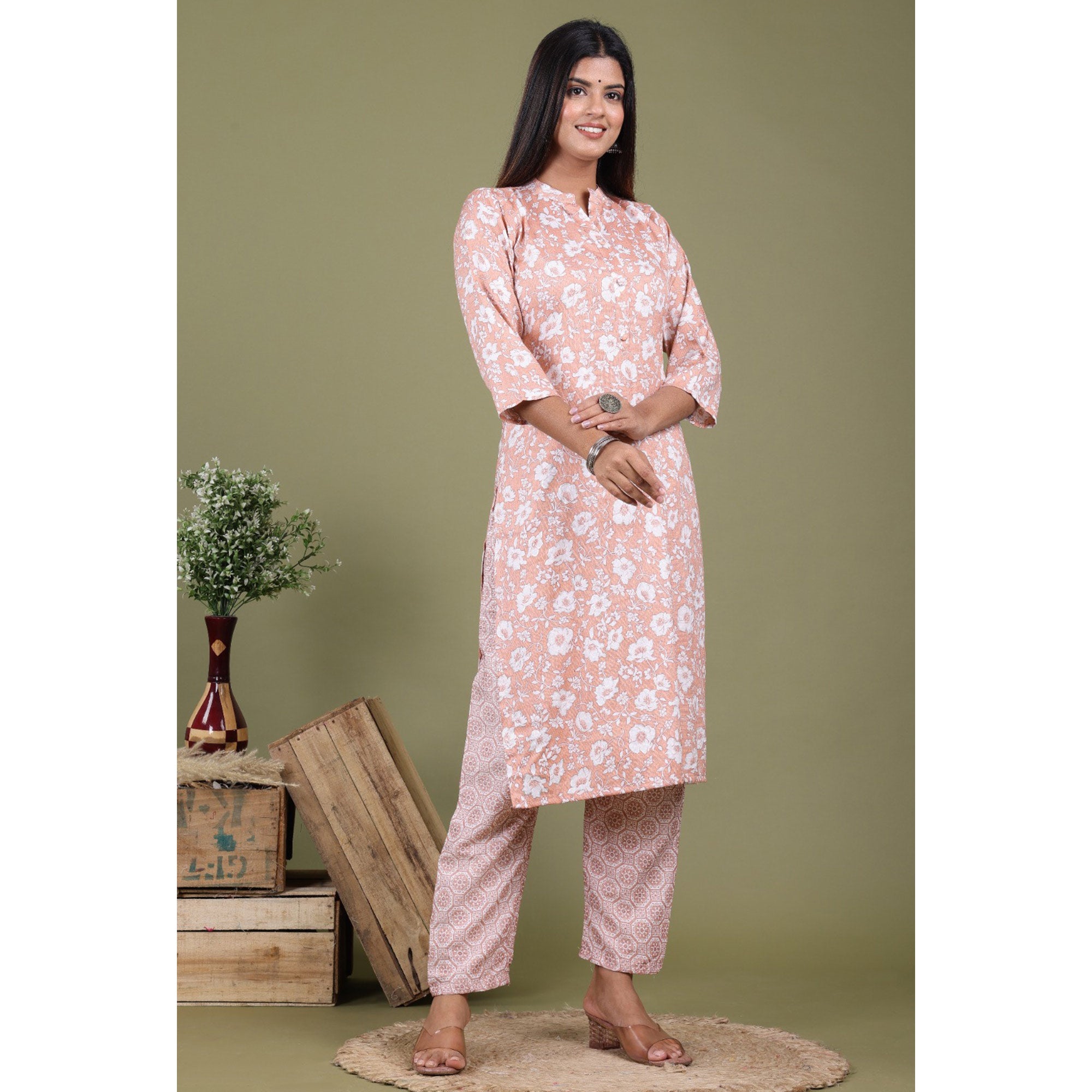 Peach Floral Foil Printed Rayon Suit