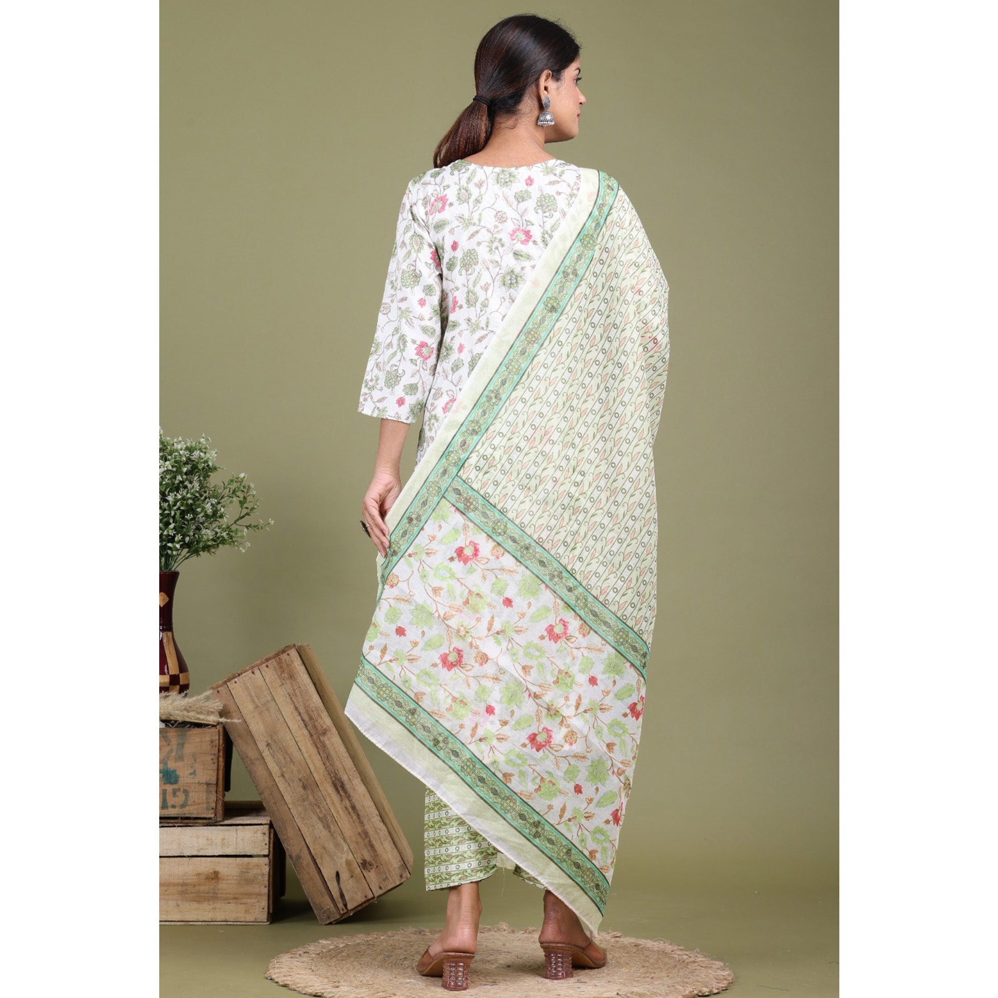 White Floral Foil Printed Rayon Suit