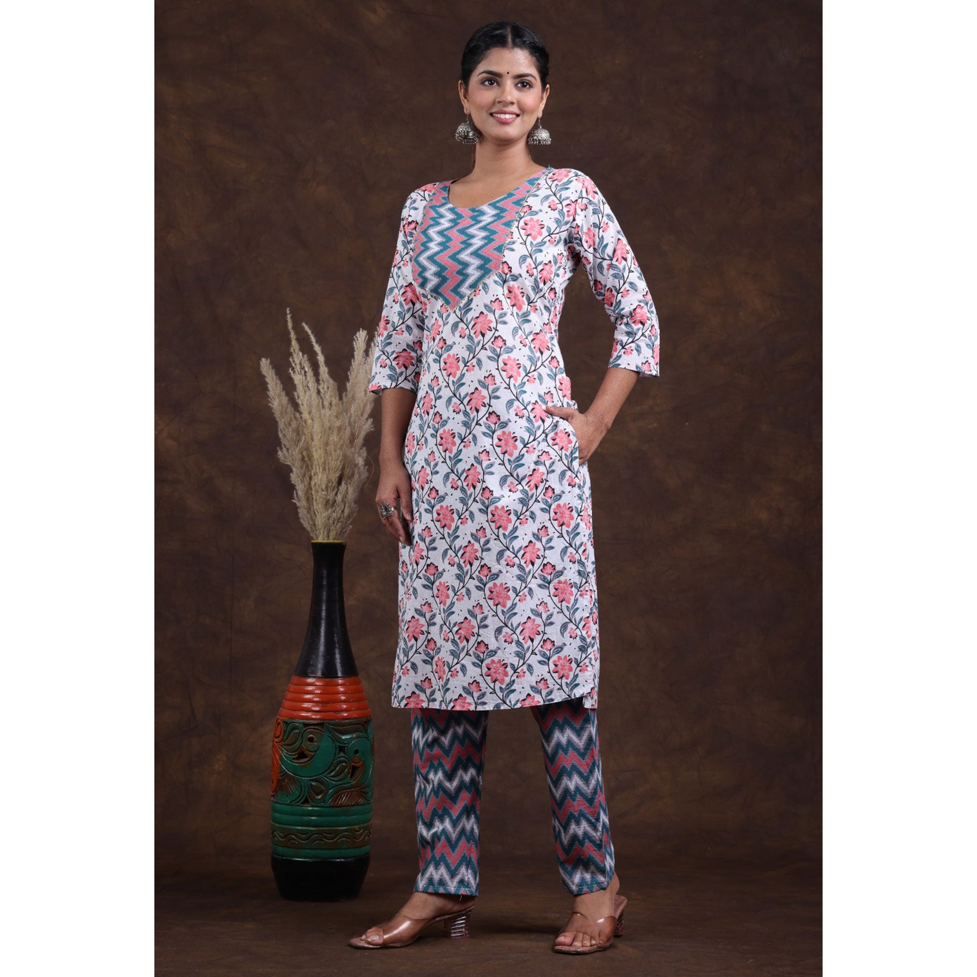 Peach Jaipuri Printed Pure Cotton Suit