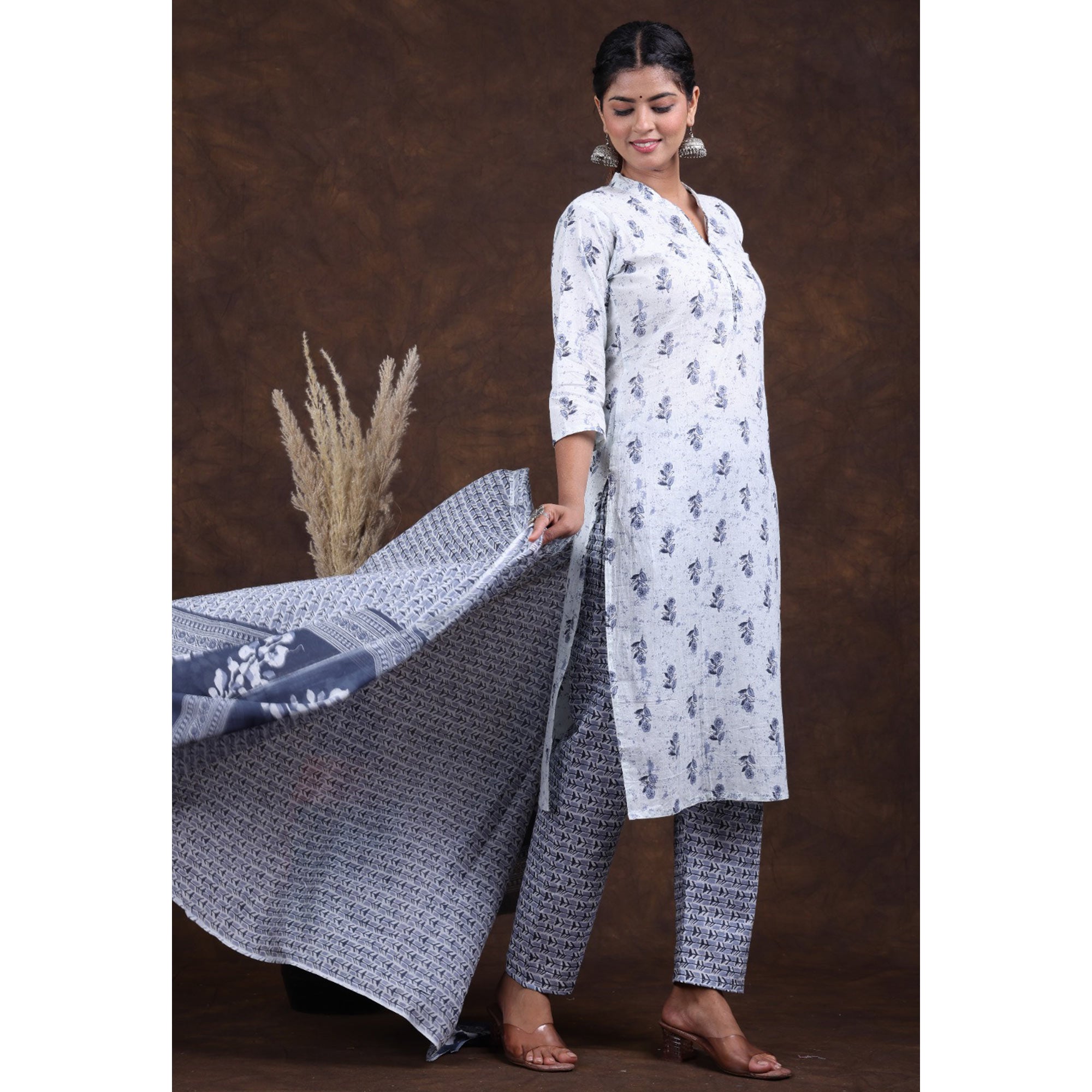 White-Grey Jaipuri Printed Pure Cotton Suit