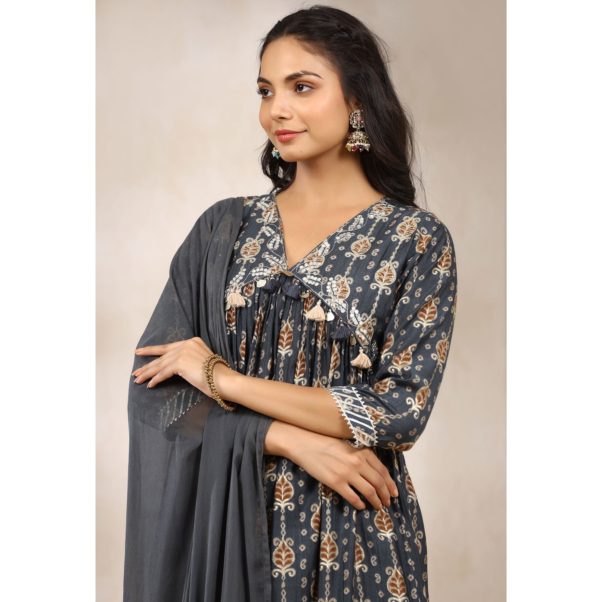Grey Jaipuri Printed Muslin Naira Cut Suit