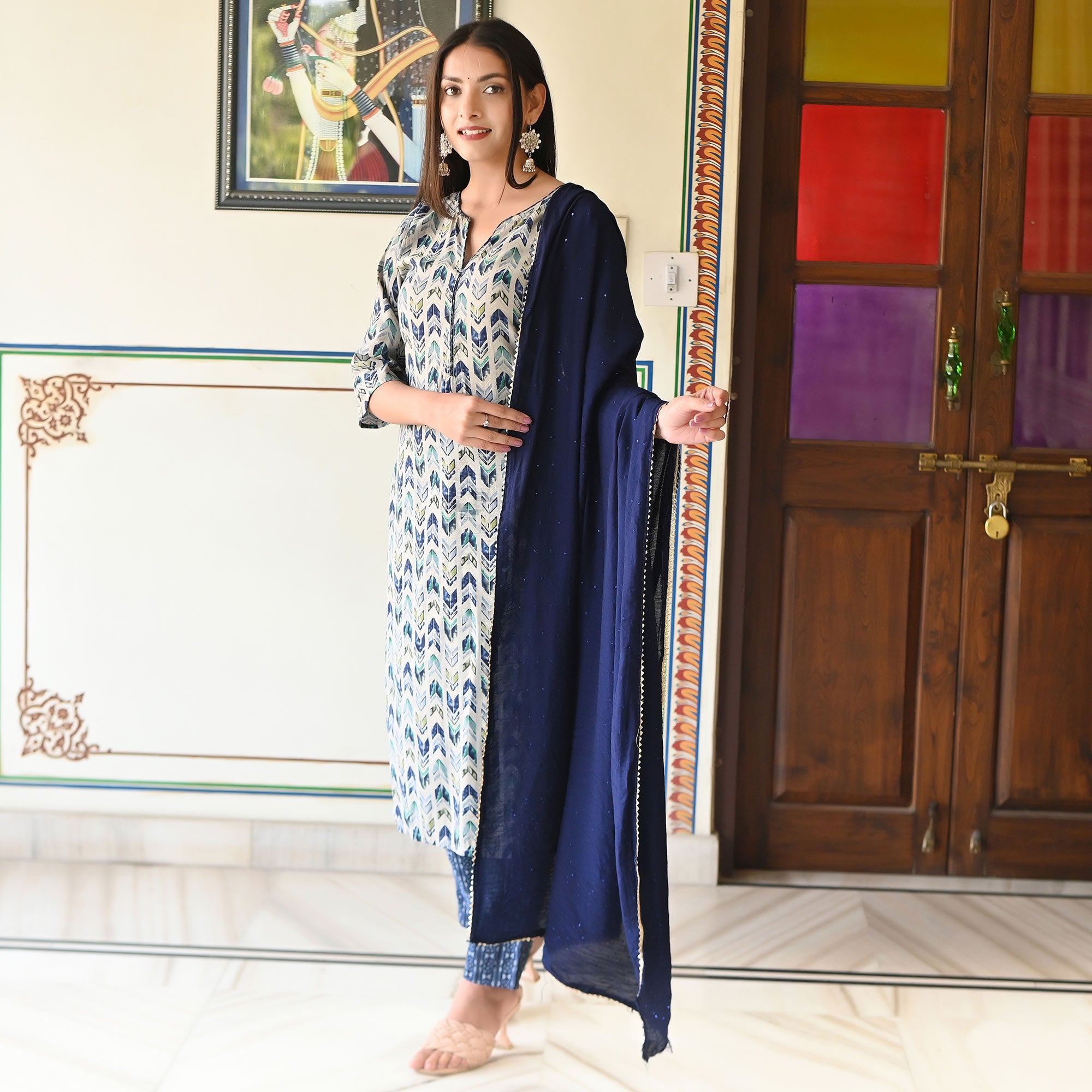 Blue Printed Chanderi Salwar Suit