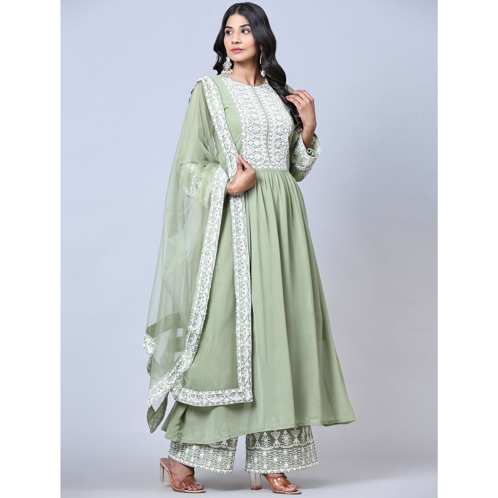 Green Partywear Embroidered Faux Georgette Palazzo Suit