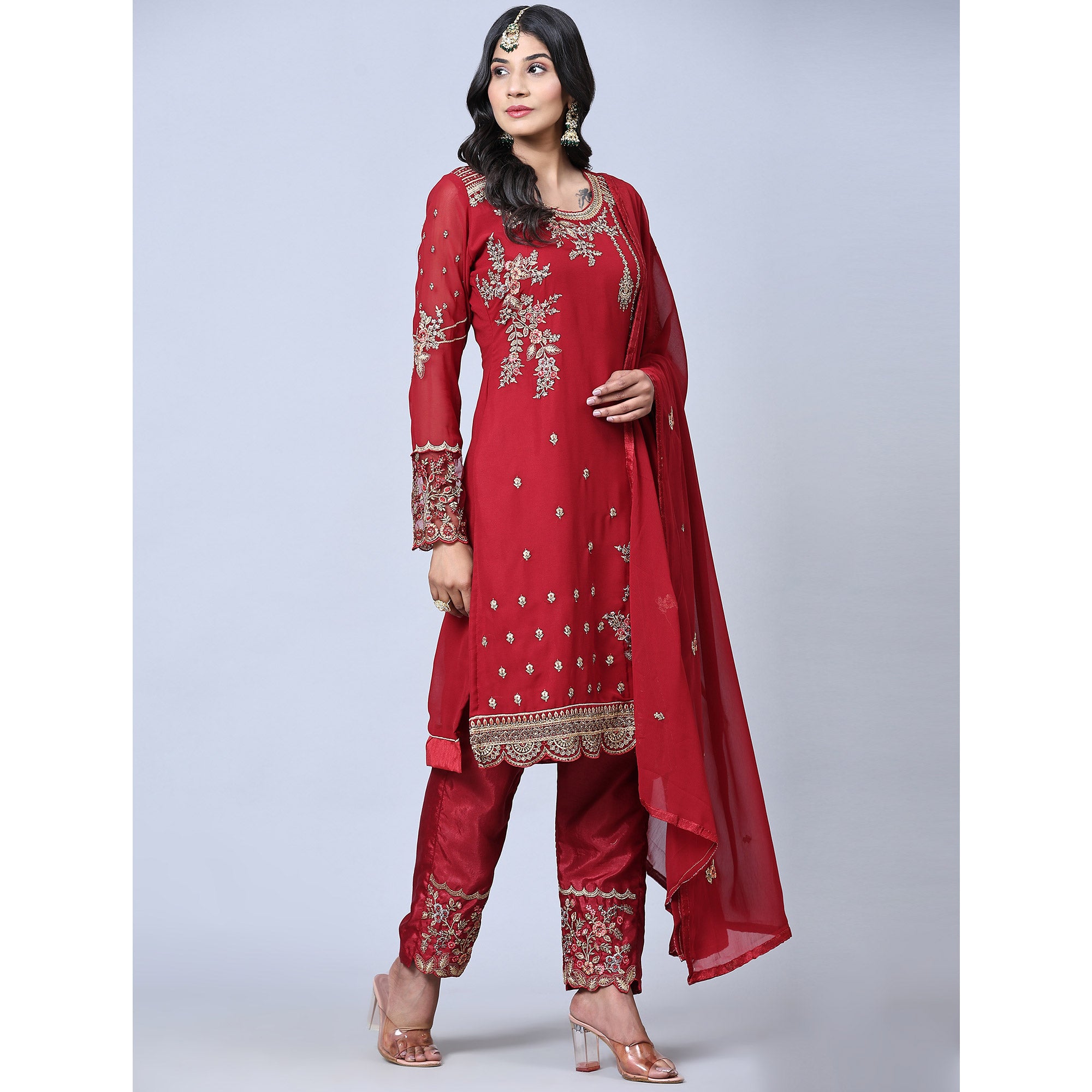 Maroon Embroidered Gerorgette Straight Partywear Suit