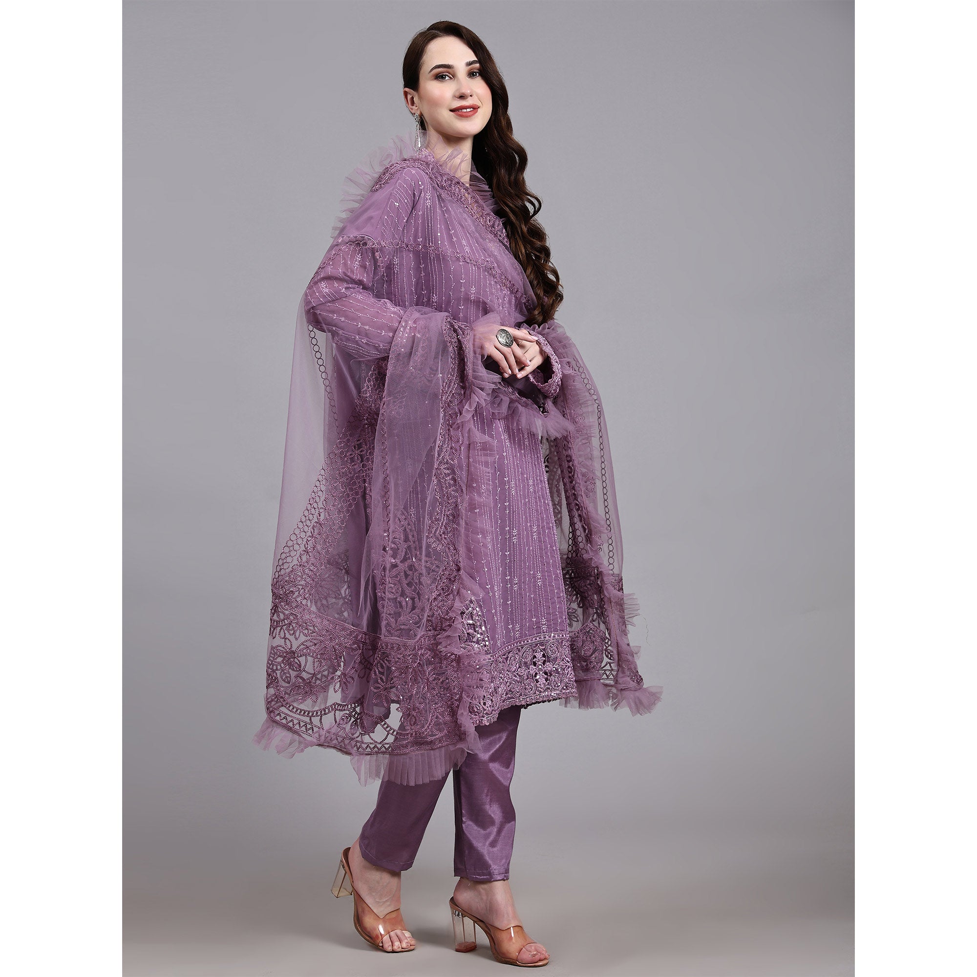 Light Purple Embellished With Embroidered Georgette Pakistani Suit