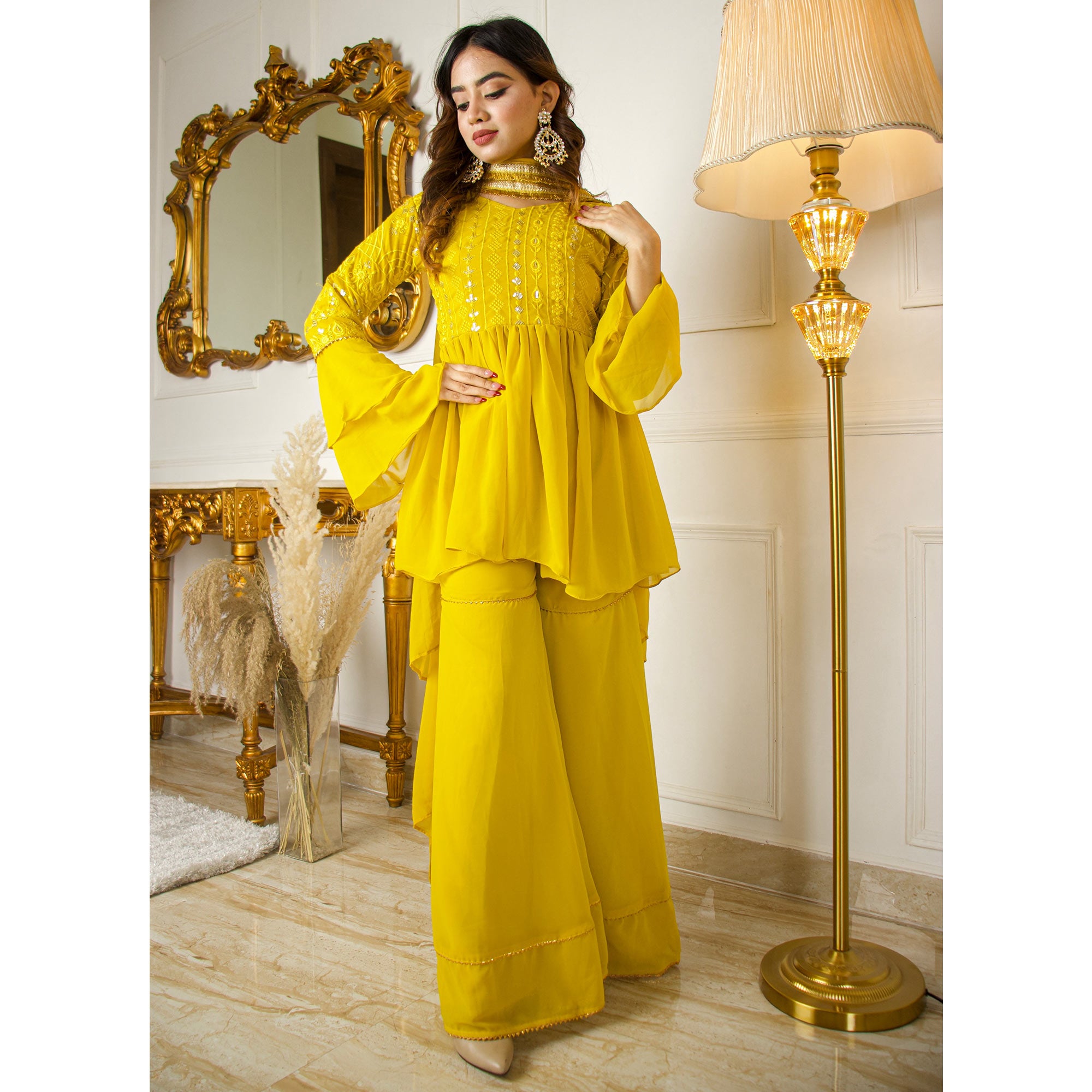 Lemon Yellow Sequins Embroidered Georgette Sharara Suit