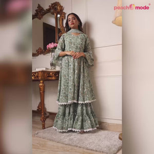 Green Printed Georgette Sharara Suit With Crosia border