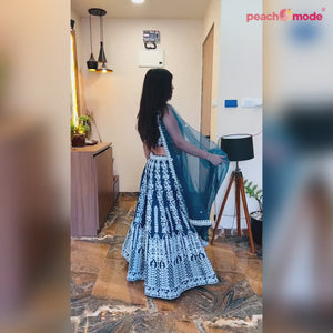 Blue Floral Embroidered Chiffon Lehenga Choli
