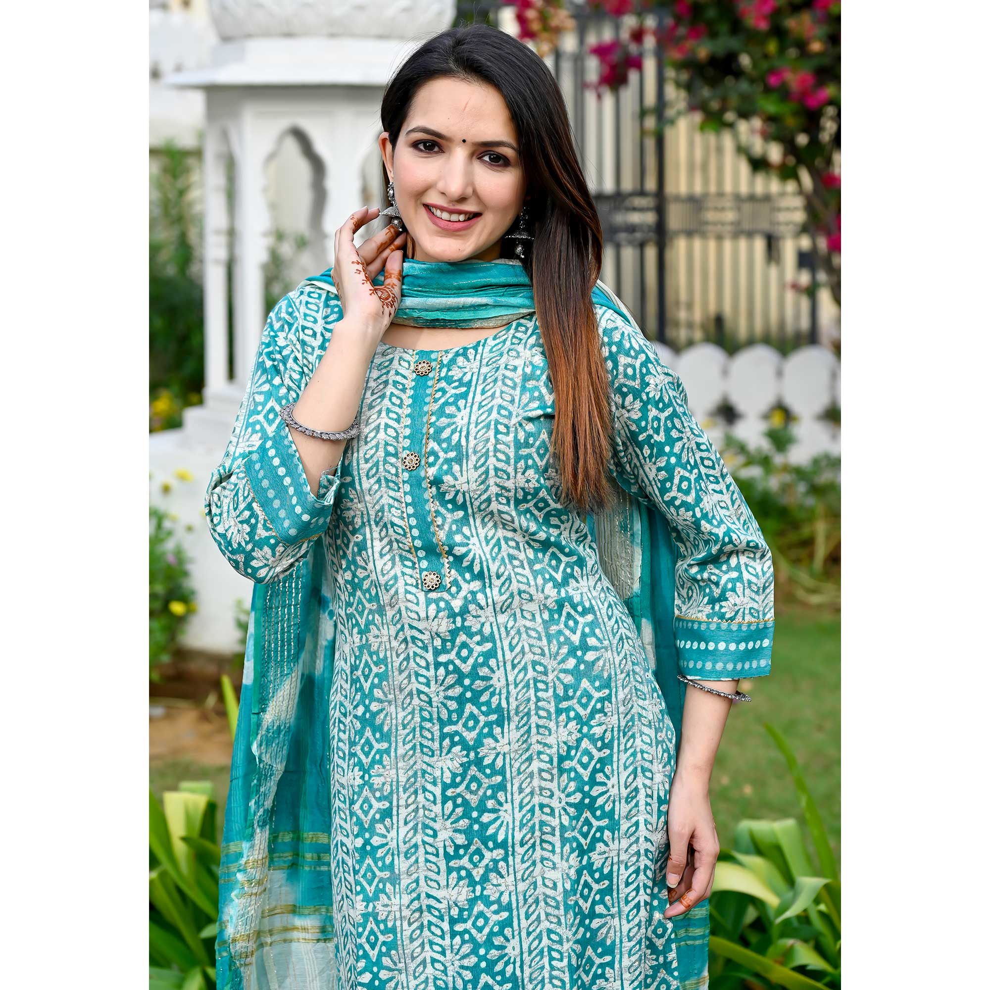 Rama Blue Floral Foil Printed Rayon Suit