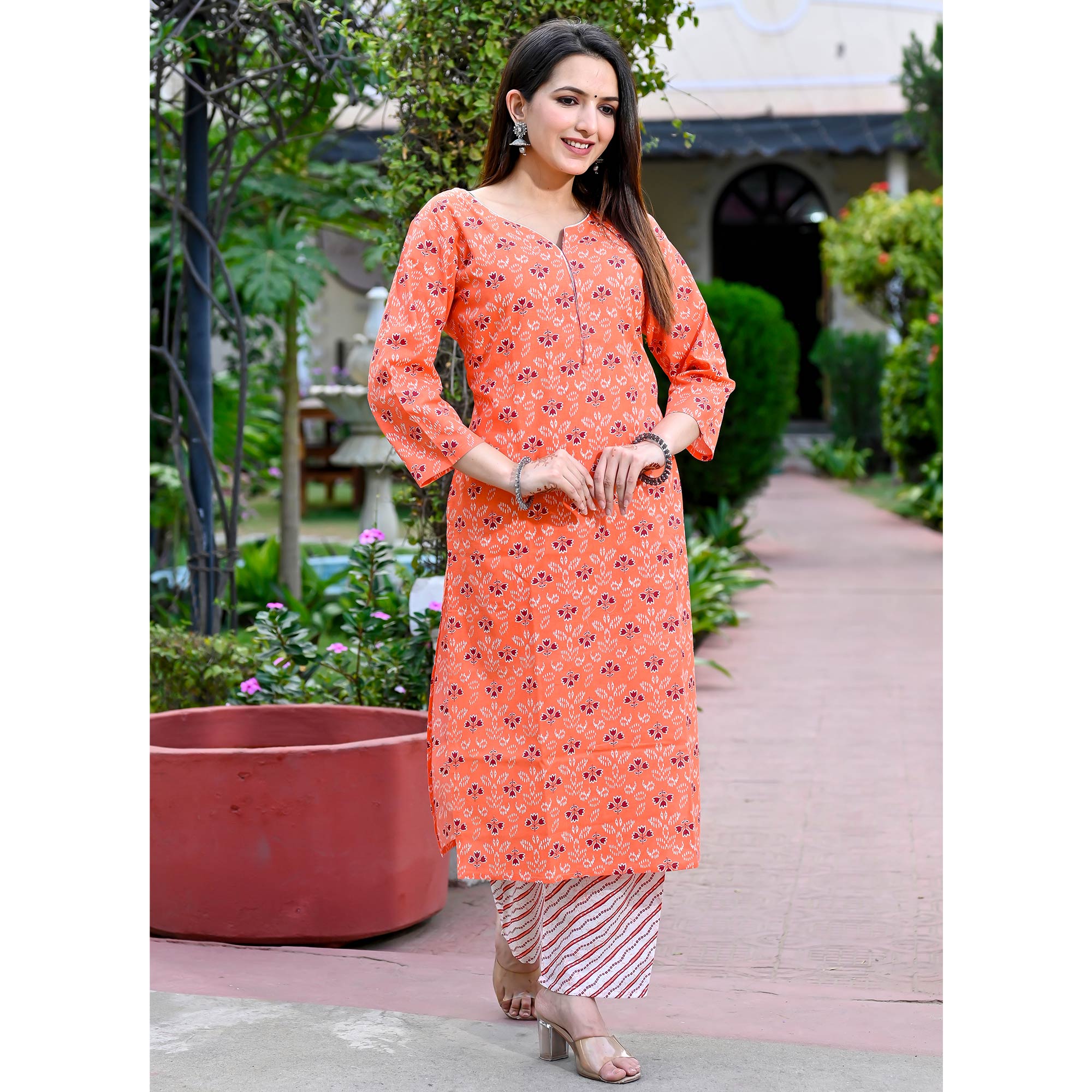 Orange Floral Printed Pure Cotton Salwar Suit