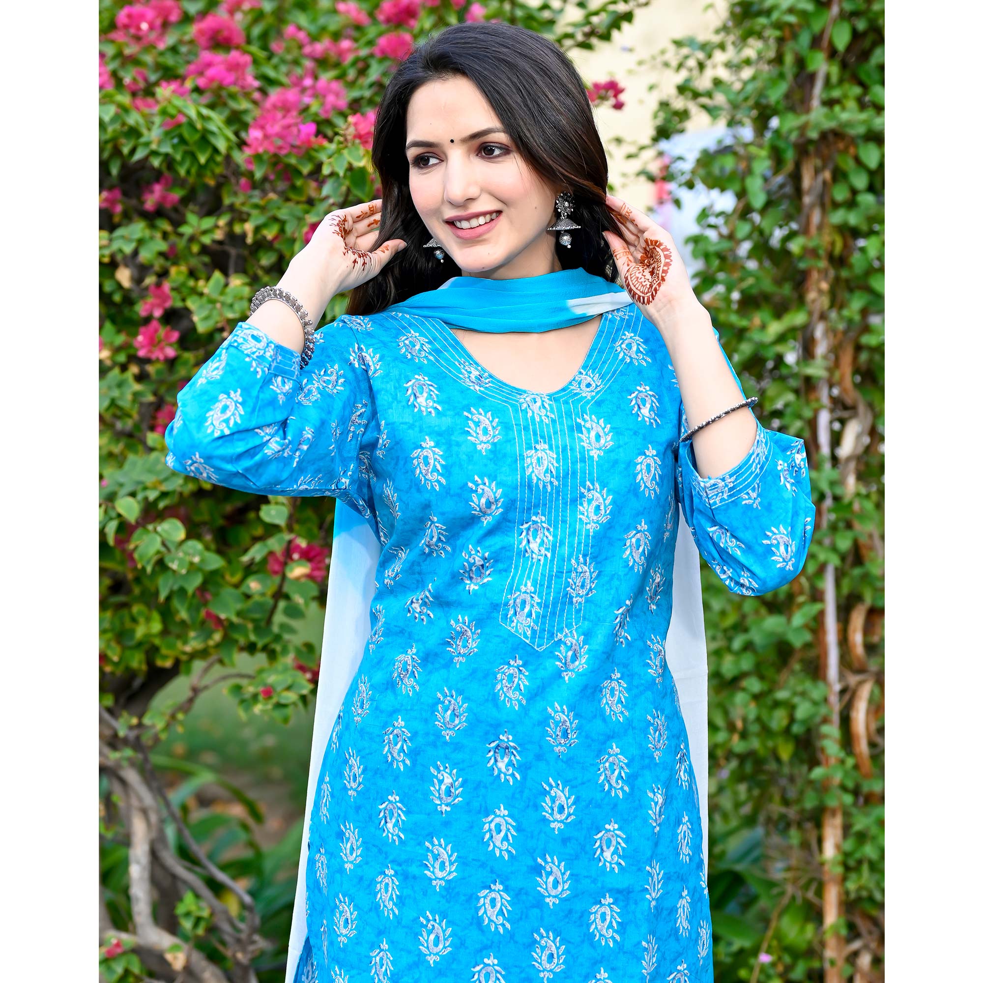 Blue Printed Pure Cotton Salwar Suit