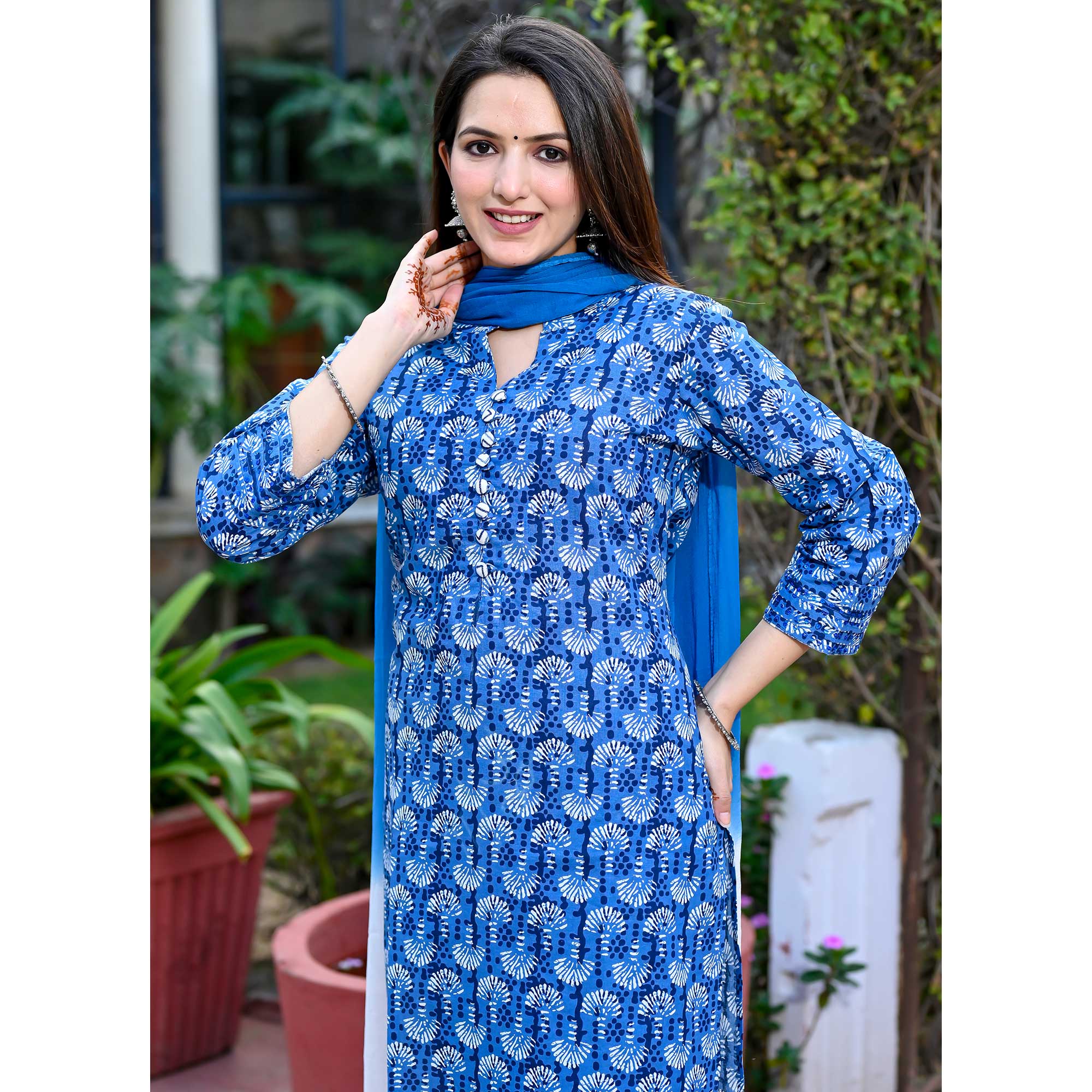 Blue Printed Pure Cotton Salwar Suit