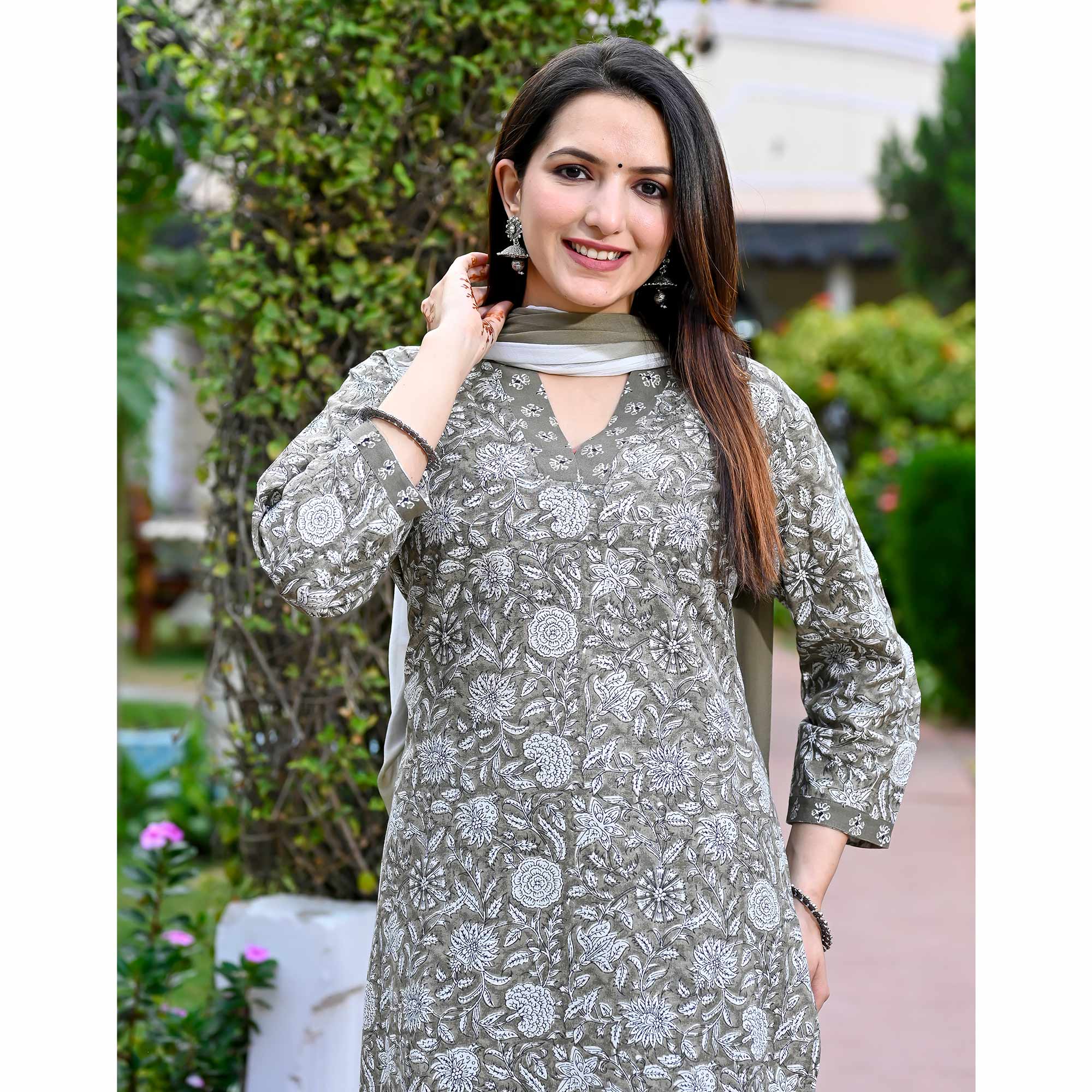 Grey Floral Printed Pure Cotton Salwar Suit