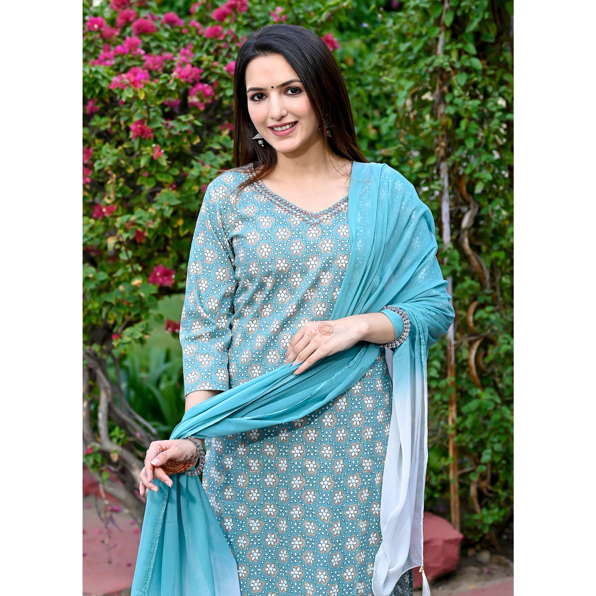 Blue Floral Printed Pure Cotton Salwar Suit