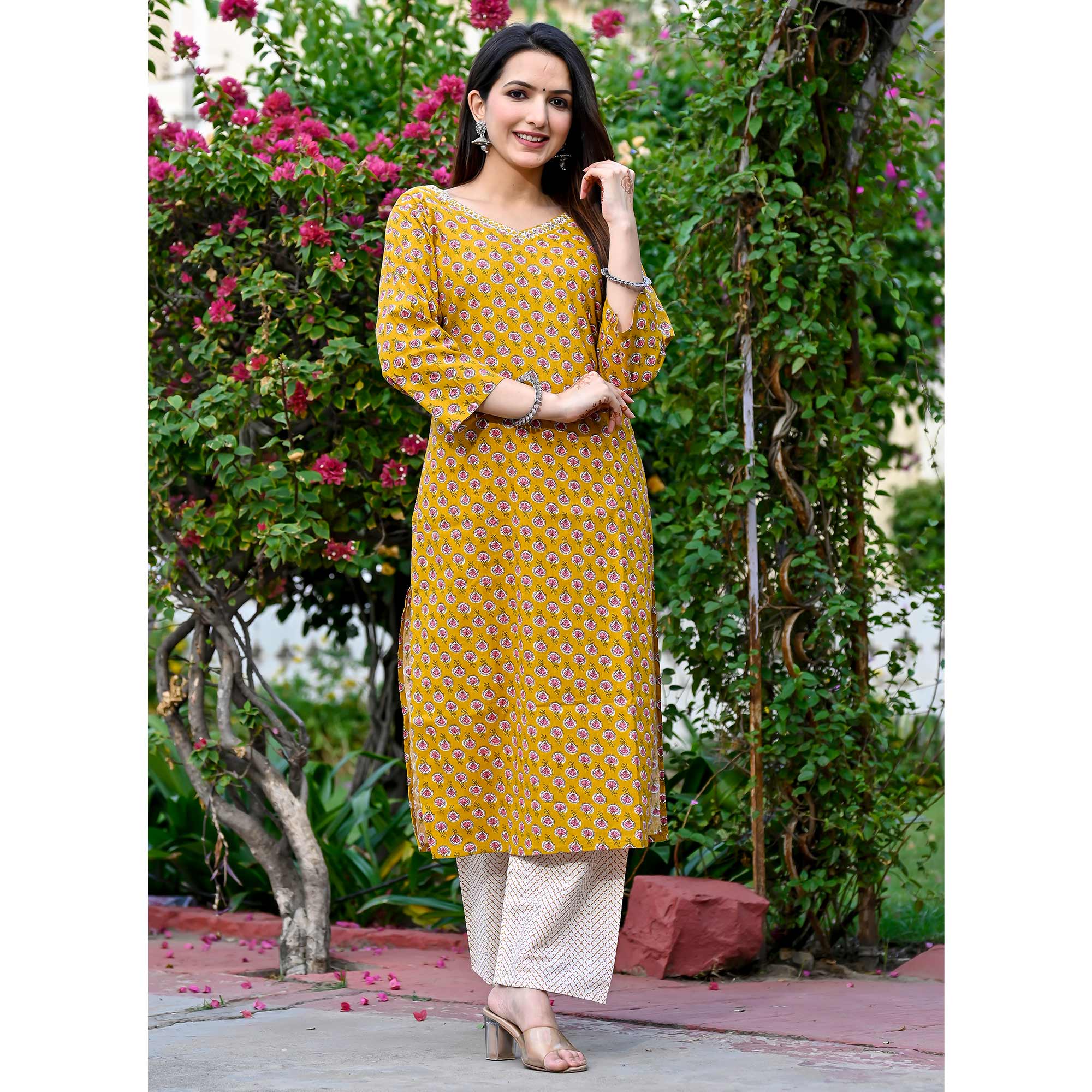 Mustard Floral Printed Pure Cotton Salwar Suit
