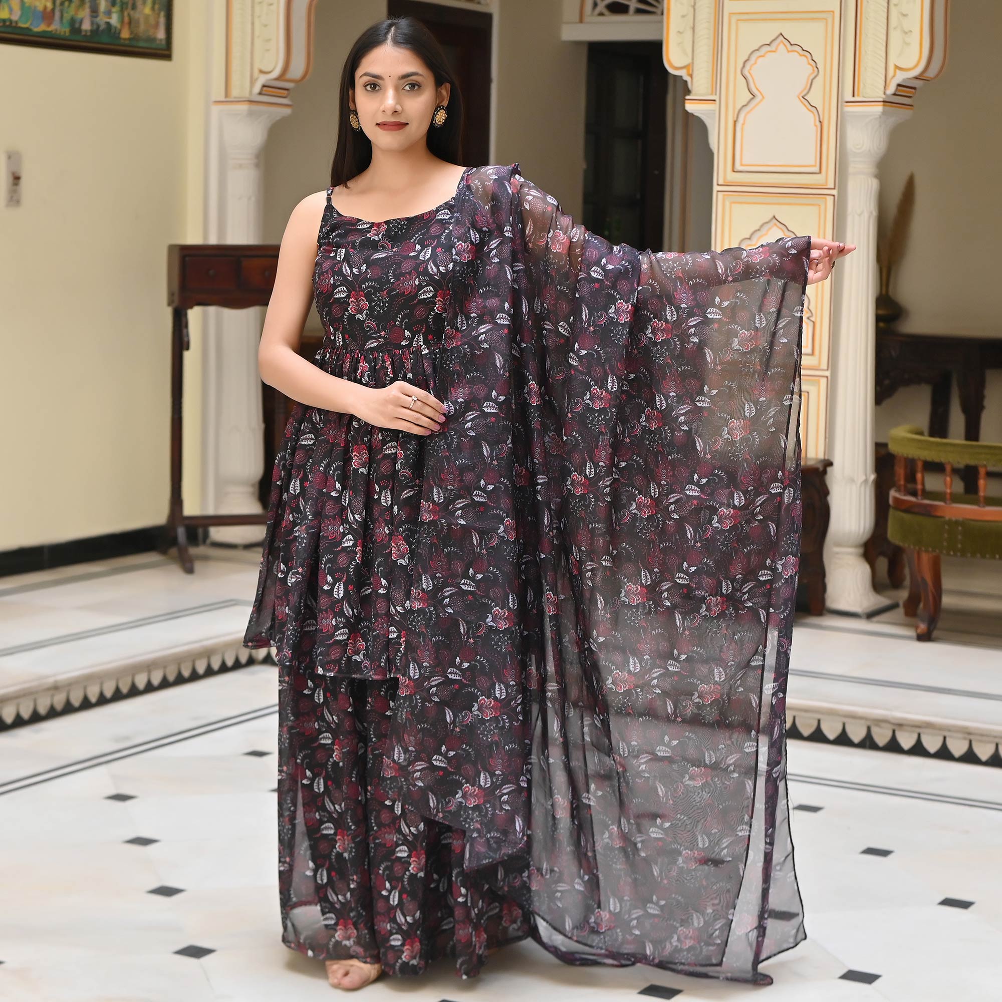 Black Floral Digital Printed Georgette Sharara Suit