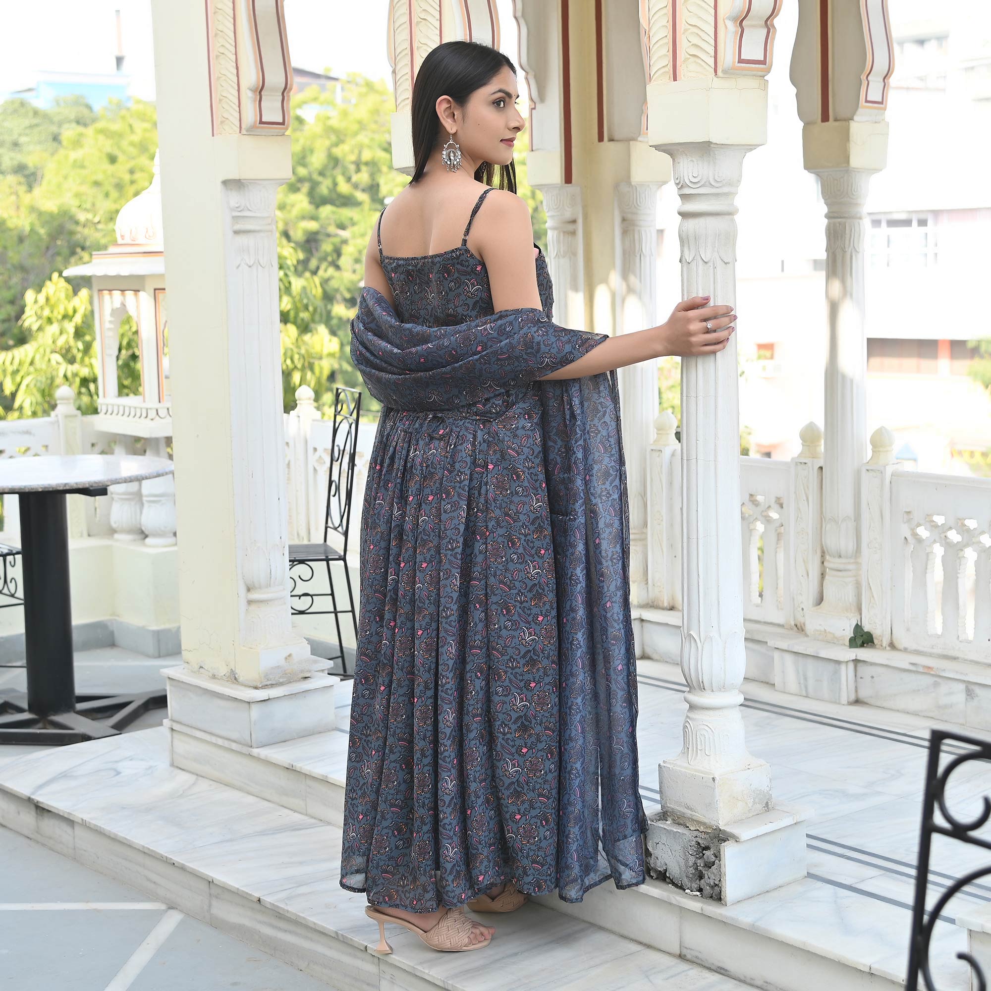 Grey Floral Digital Printed Georgette Gown