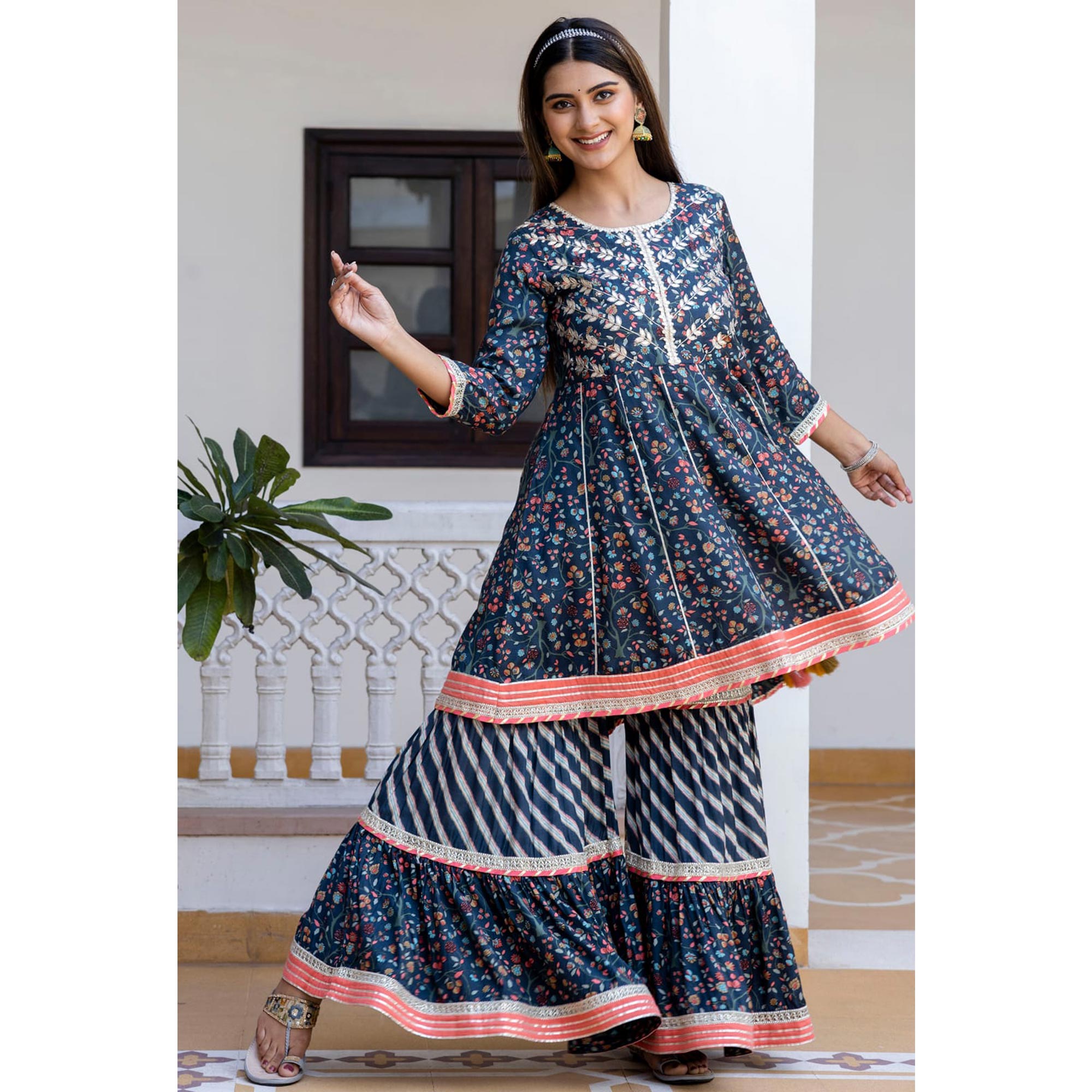 Blue Floral Printed With Gota Work Muslin Sharara Suit