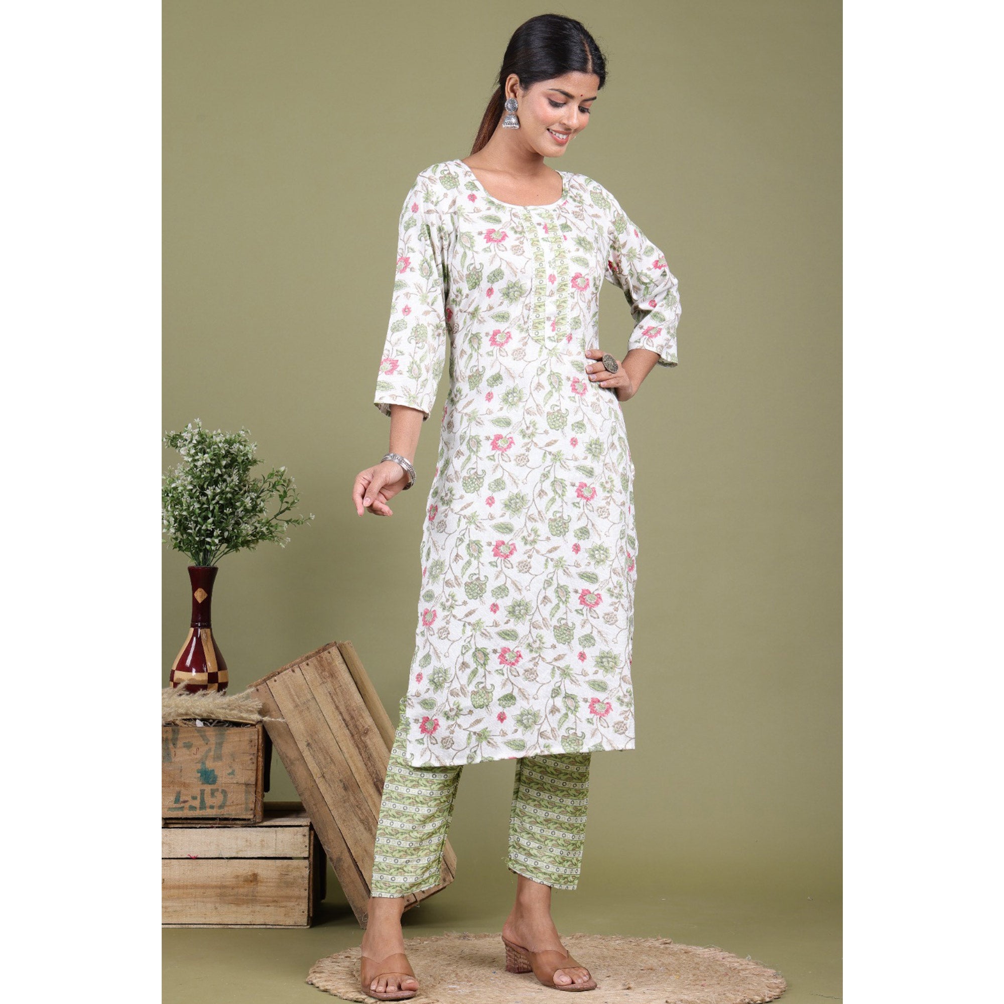 White Floral Foil Printed Rayon Suit