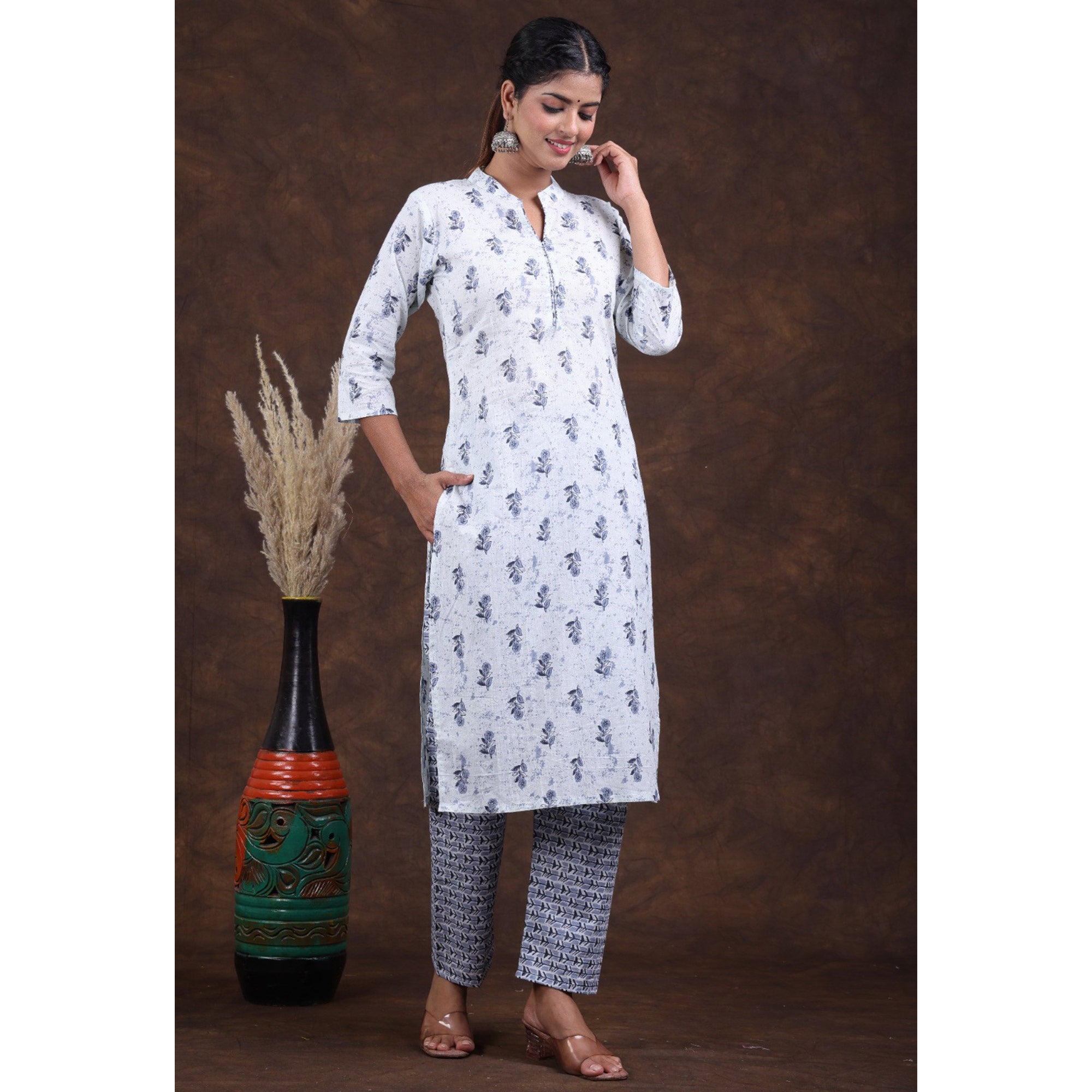 White-Grey Jaipuri Printed Pure Cotton Suit